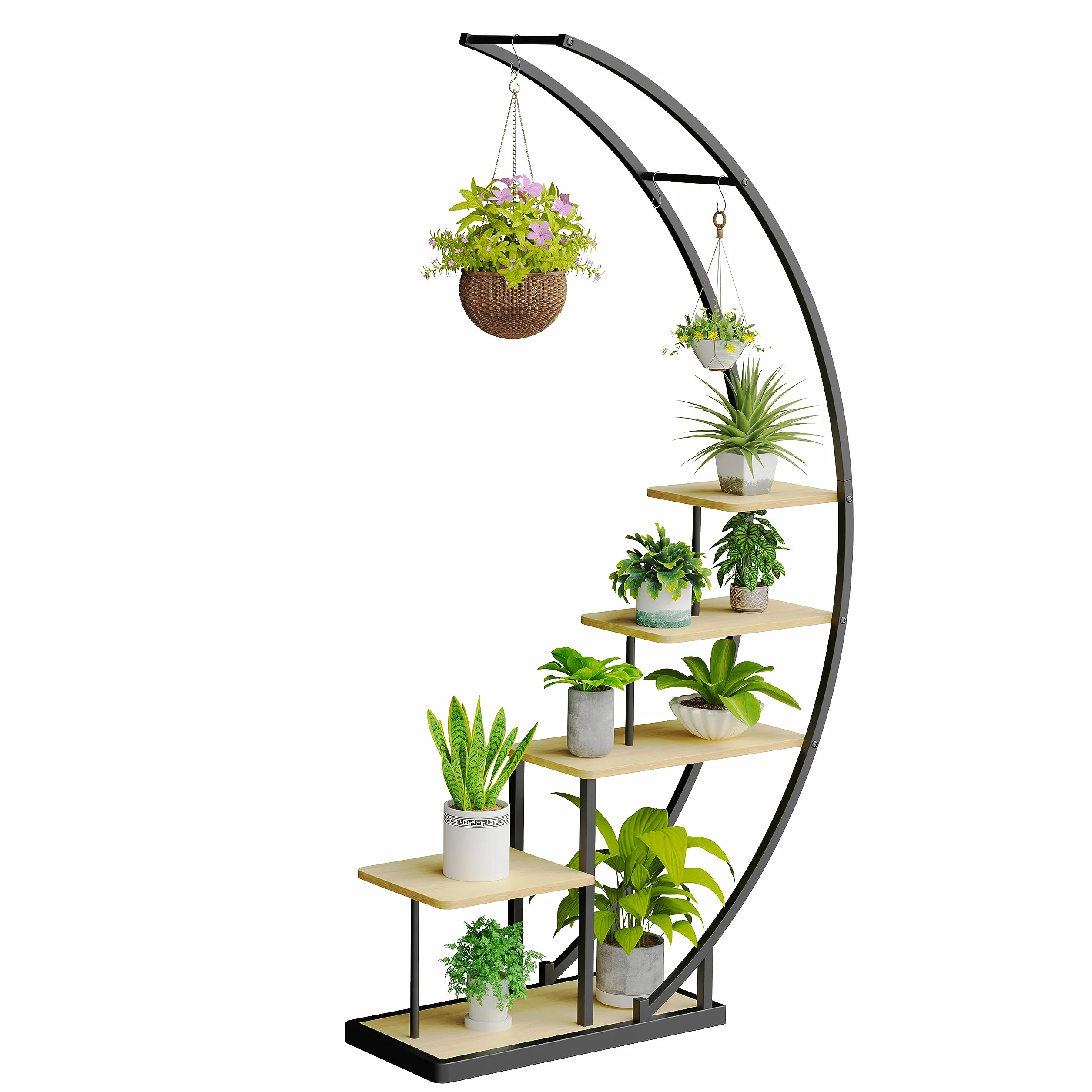 Ribelli Supporto per piante in metallo a 5 livelli, a forma di mezzaluna, 172 cm, con 5 ripiani e ganci, per piante, con protezione antiribaltamento, per balcone, soggiorno, terrazza (1 pezzo,