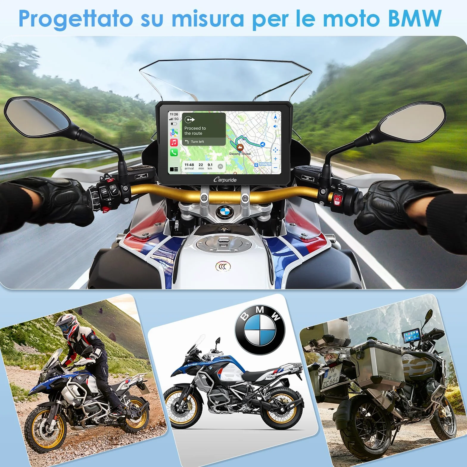 Carpuride W702B Schermo Carplay Moto 7" Impermeabile Touchscreen Wireless CarPlay Android Auto Dual Bluetooth per BMW