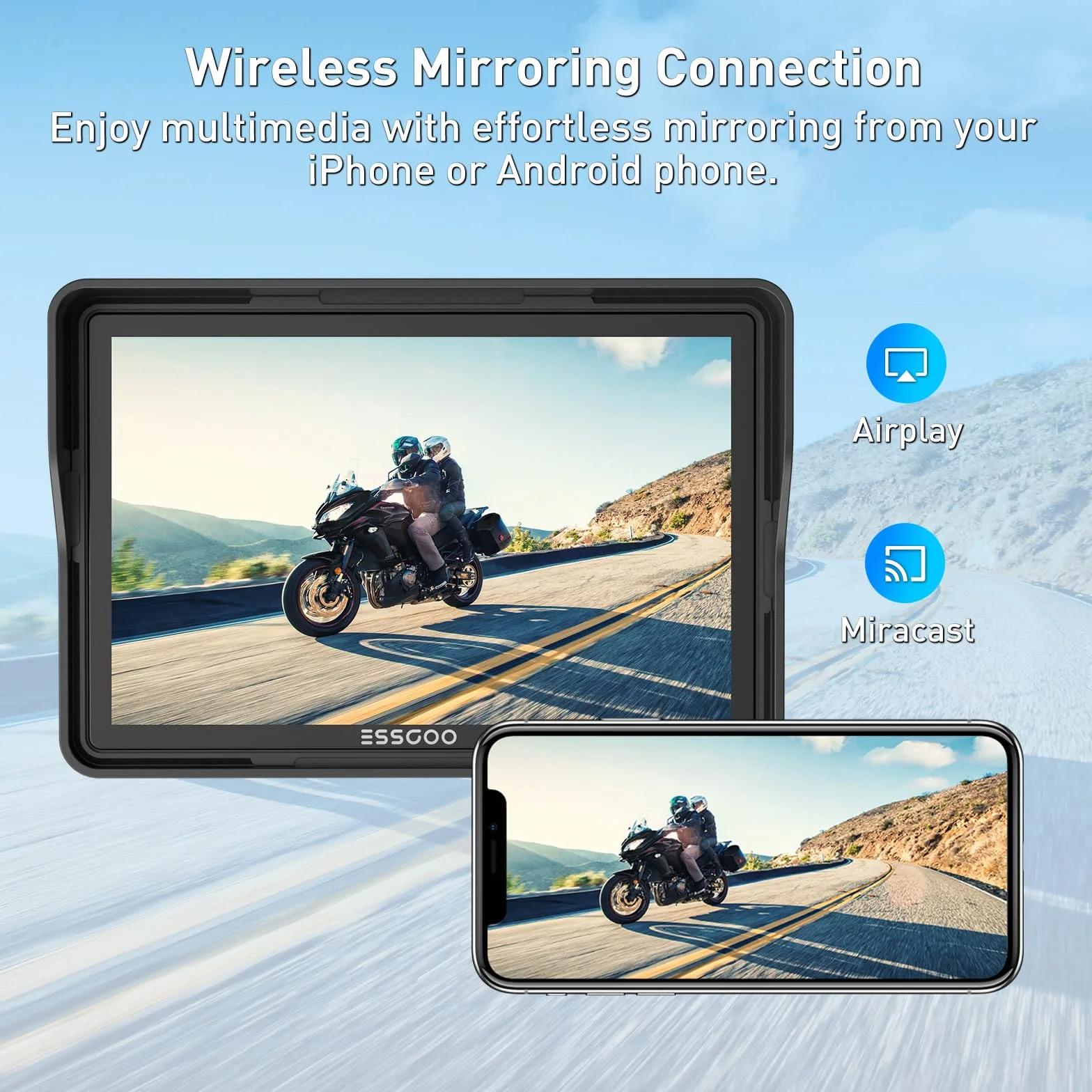 ESSGOO CarPlay moto wireless 5 pollici schermo touch impermeabile GPS Bluetooth Android Auto