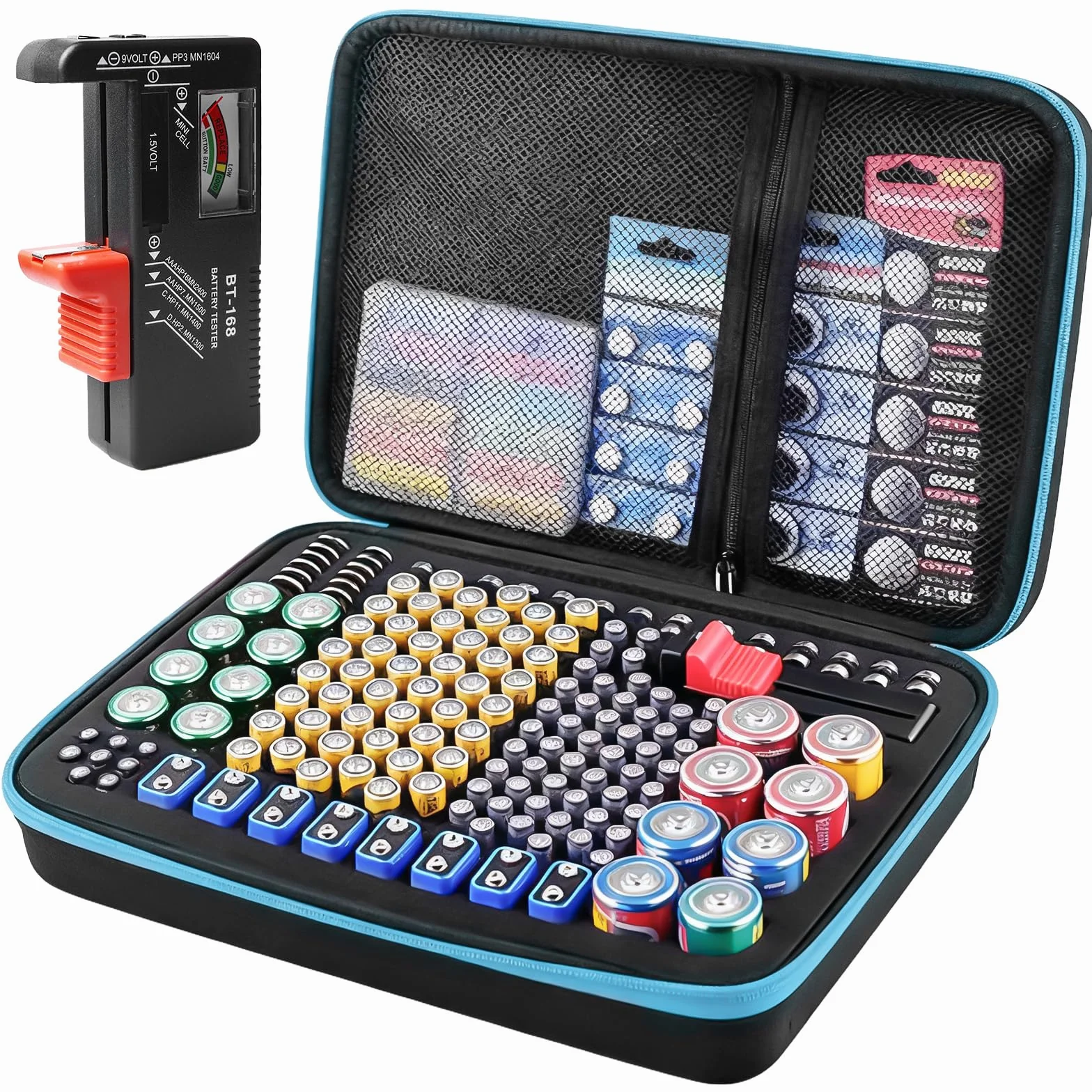 Organizer na baterie 160+ slotów, pojemnik na baterie AA AAA C D 9V, 2A 3A 4A, z testerem BT-168