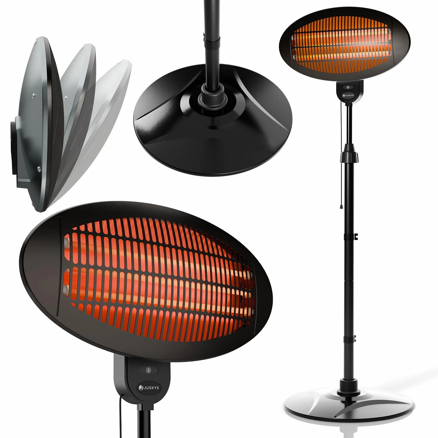 Juskys stufa a infrarossi 2000W – Nero, riscaldatore da esterno con supporto telescopico & 3 potenze per balcone & patio