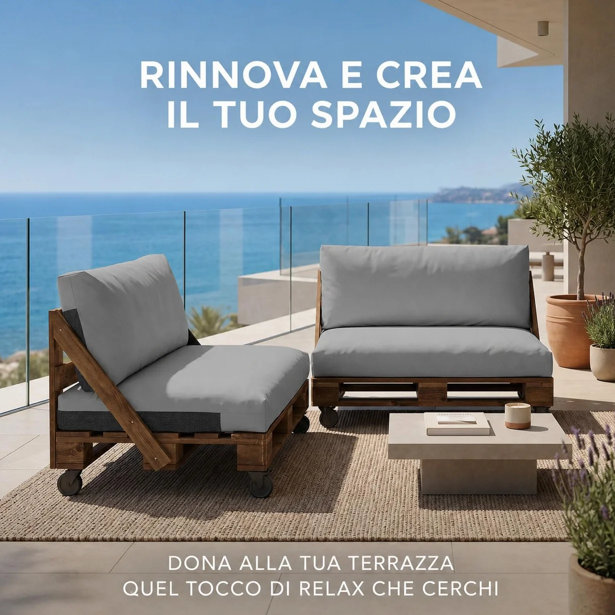 Happers Set Cuscini per Pallet da Esterno 120x80 + 120x45 cm Grigio Chiaro Antimacchia Sfoderabile