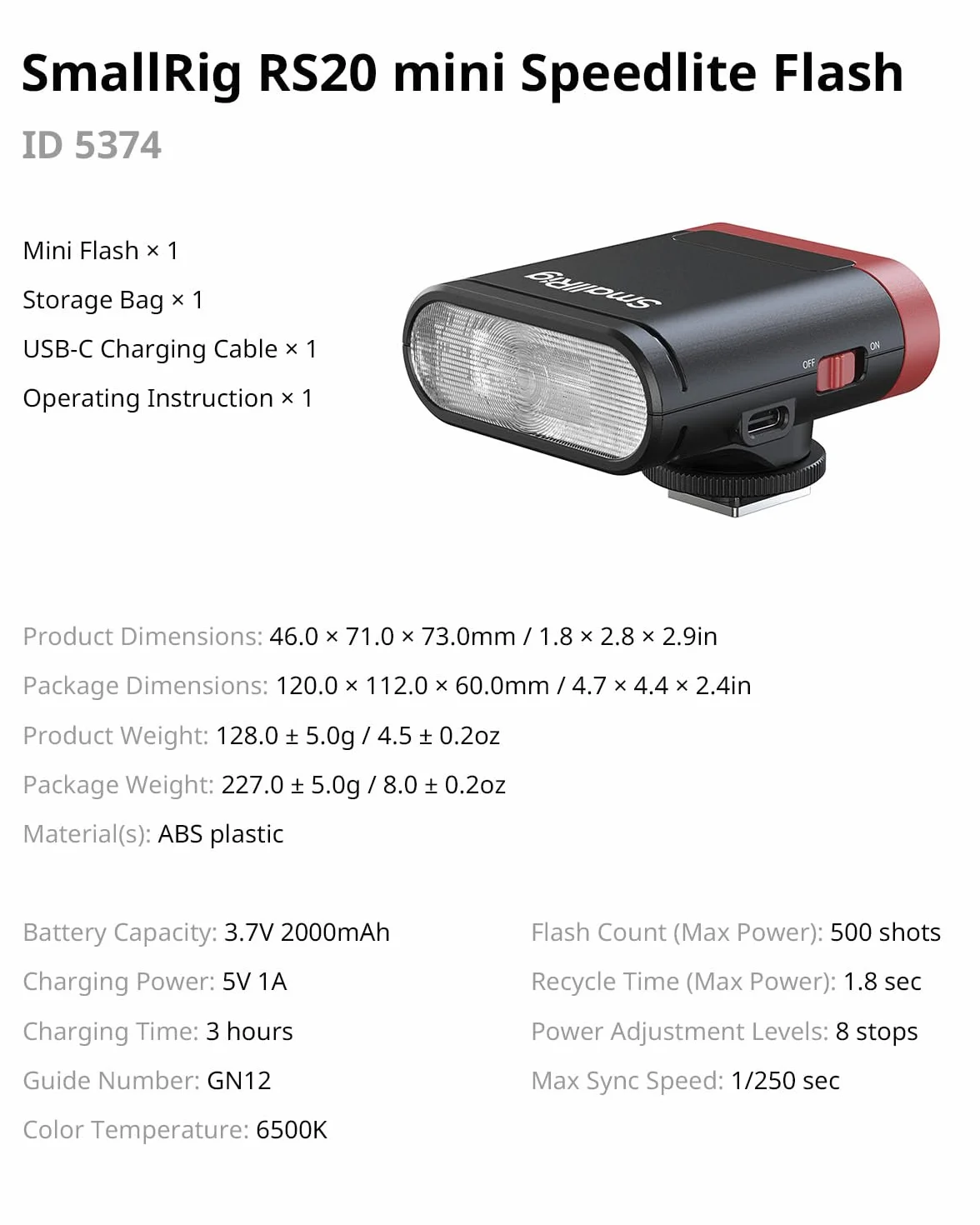 SMALLRIG RS20 Mini Speedlite Flash, fotocamera portatile Flash con batteria 2000 mAh, 12 flash indice, ricarica USB-C