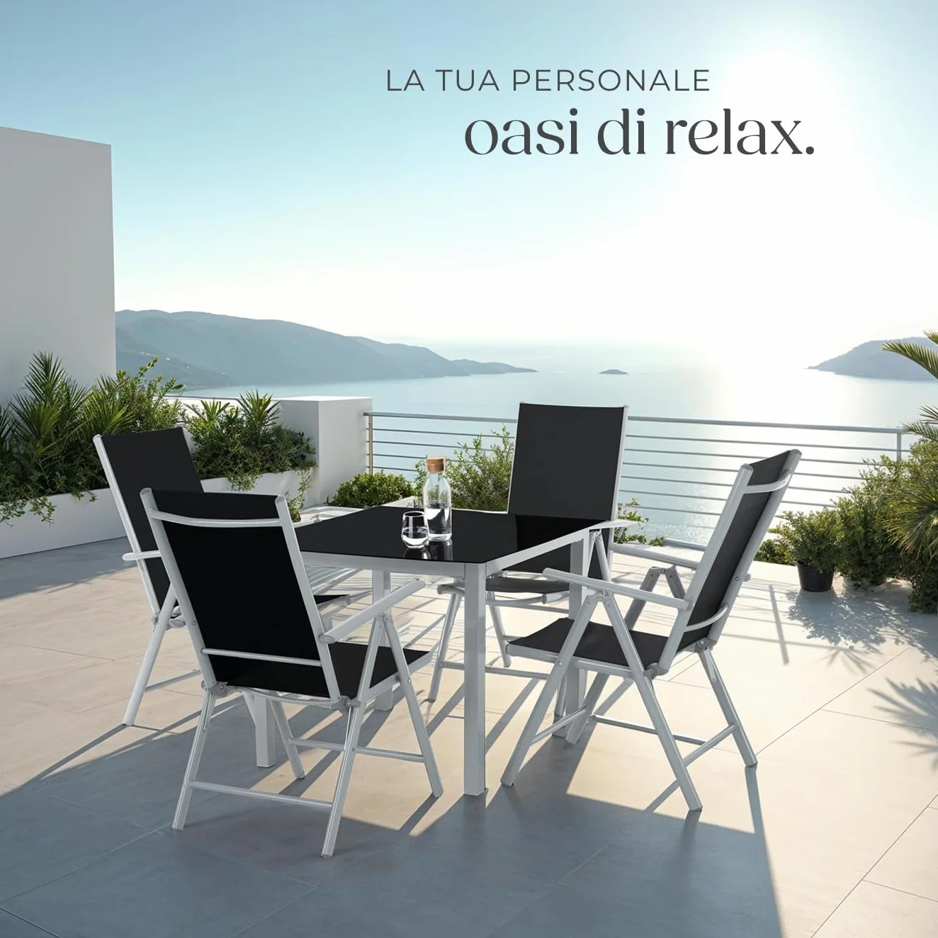 tectake® Set Tavolo da Esterno con Sedie, Telaio Alluminio, 1 Tavolo da Giardino Piano in Vetro, 4 Sedie Pieghevoli, Schienale Reclinabile 8 Posizioni, Set Resistente alle Intemperie - Grigio/Argento