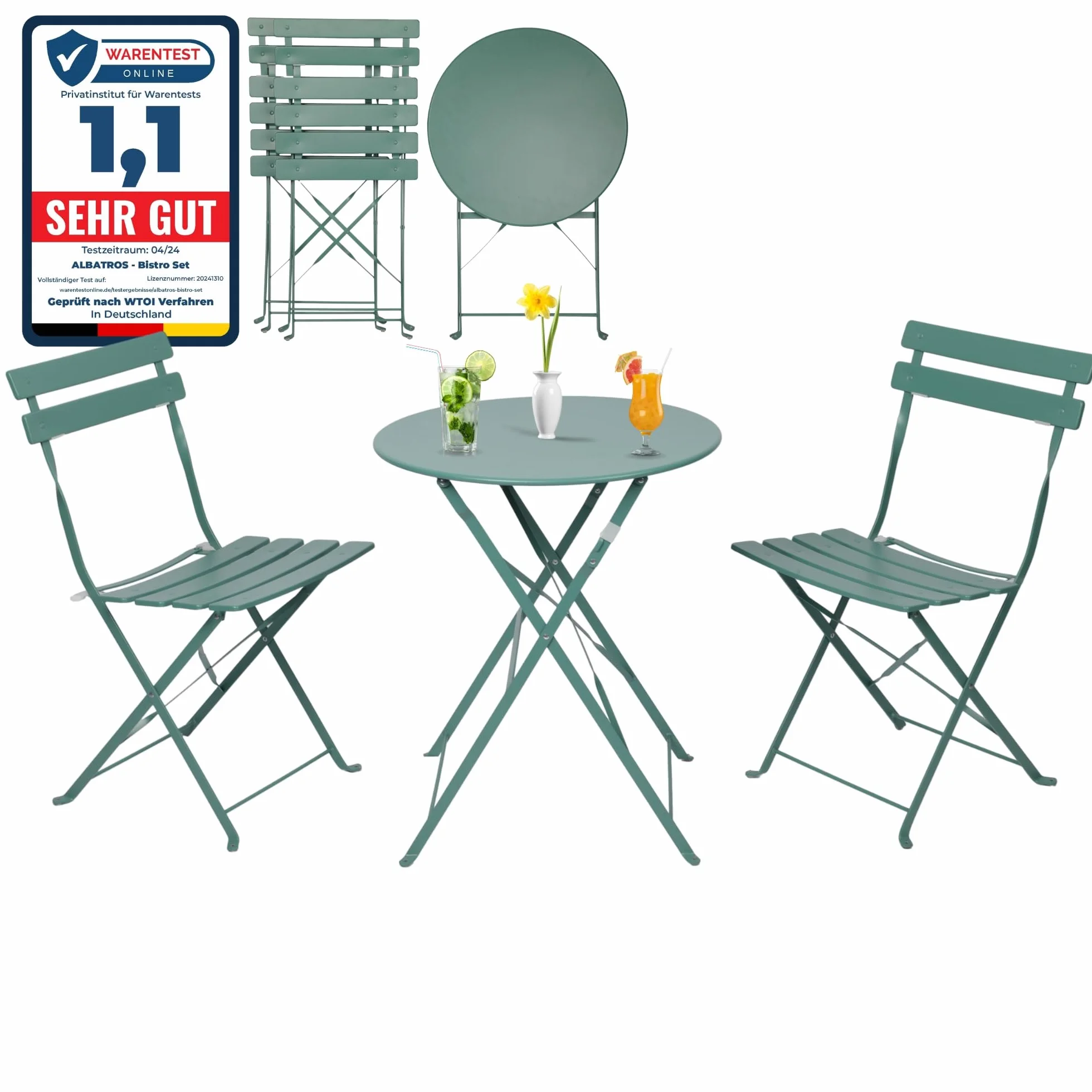 ALBATROS Set da bistrot 3 pezzi verde – tavolo da bistrot con 2 sedie – sedie pieghevoli e tavolo in metallo robusto – ideale come set di mobili da balcone o mobili da giardino dal design moderno