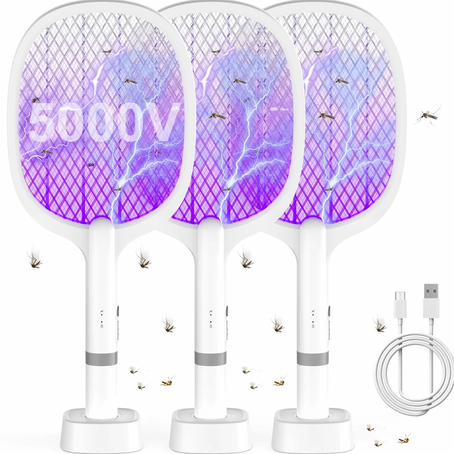 Electric Fly Swatter Racchetta Zanzare Elettrica 5000V 1800mAh con USB Ricaricabile e LED 2 in 1 con Base Recargable, LED Trappola per Zanzare para Uso en Interiores y al Aire Libre (3 pezzi)