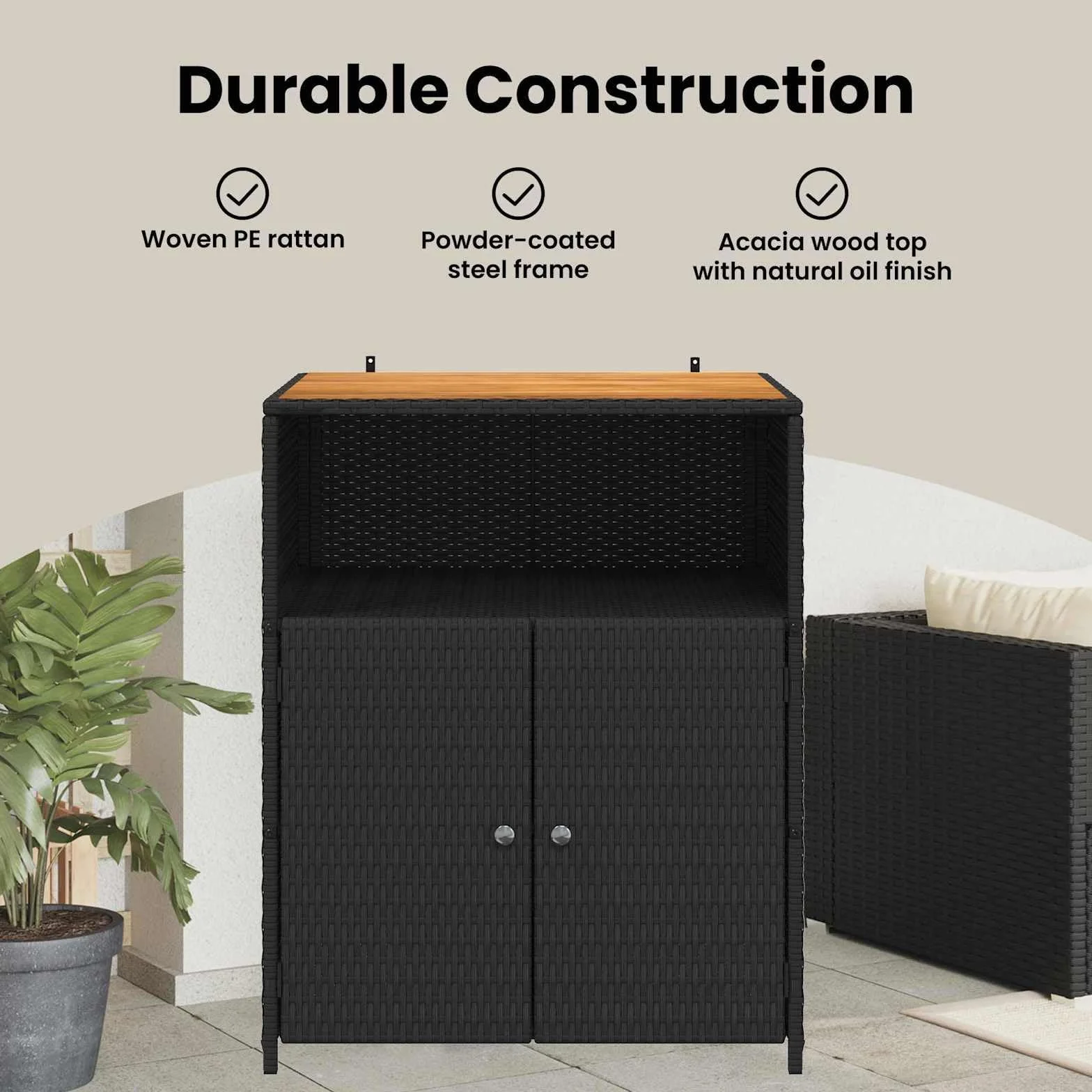 vidaXL Armadietto da Giardino Nero 70 x 50 x 87 cm Poliestere e Rattan Resistente per Esterni