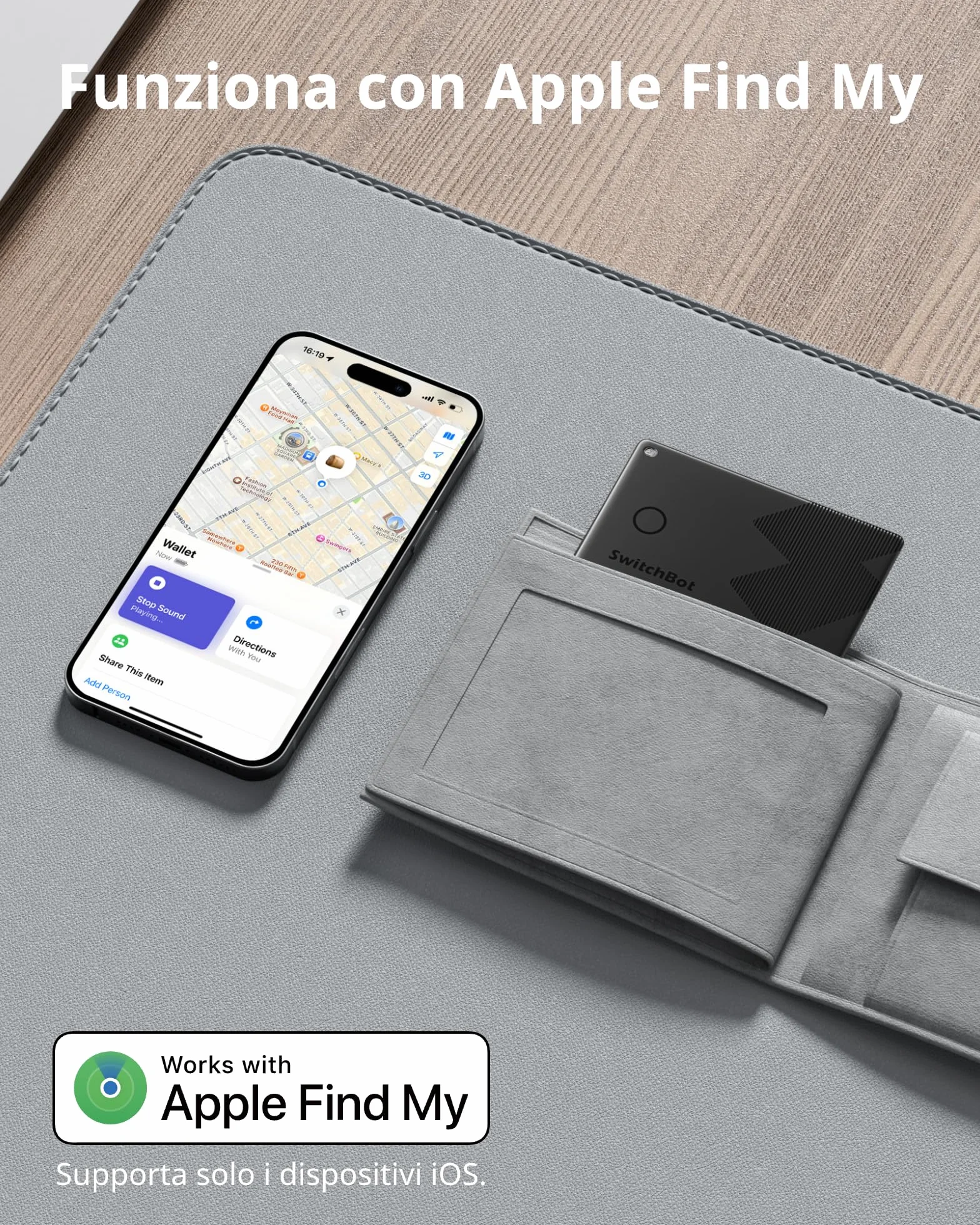SwitchBot Wallet Finder Card, Smart AirTag compatibile con Apple Find My (Solo iOS), Bluetooth Tracker per chiavi, telefoni, bagagli, IP67 Resistente