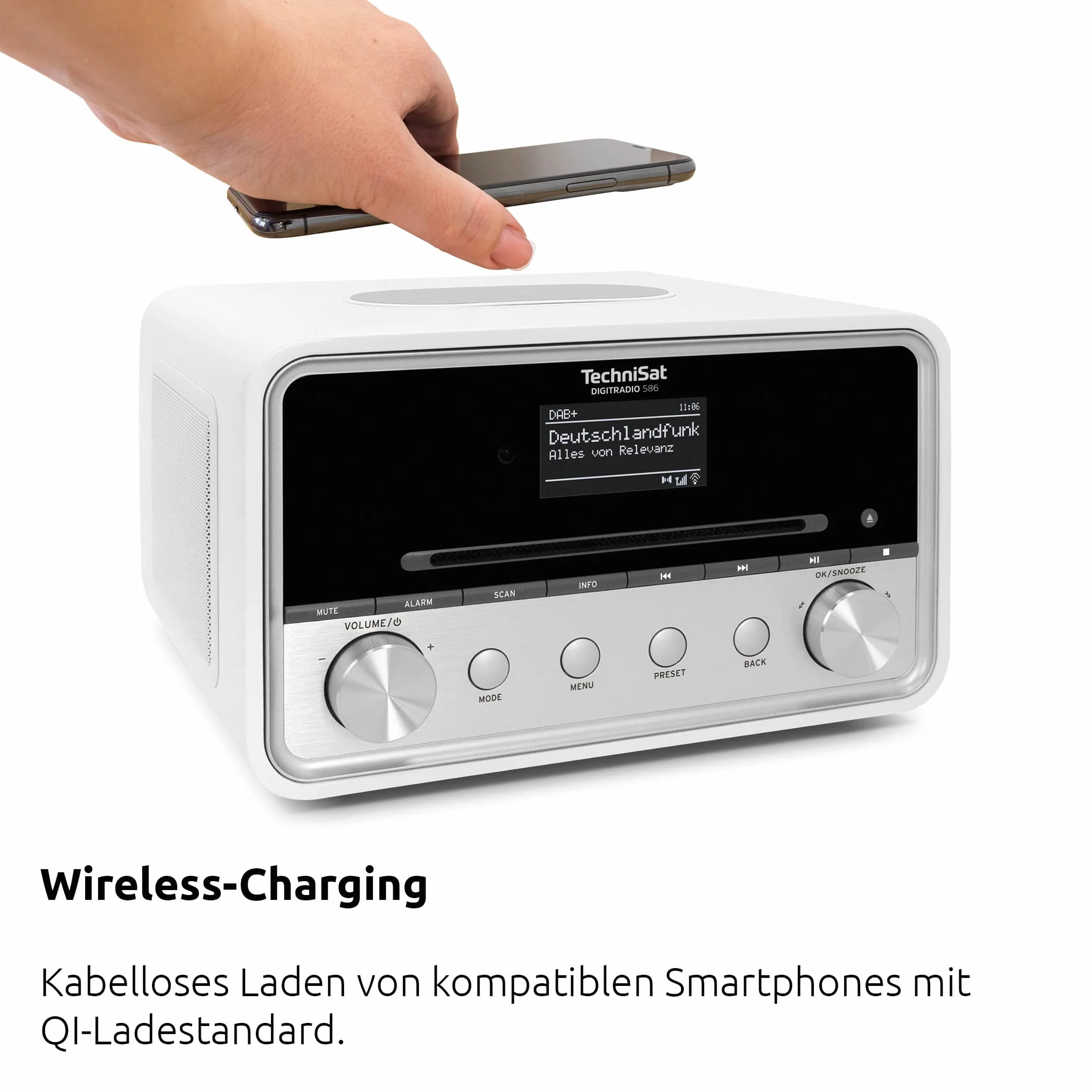 TechniSat DIGITRADIO 586 Radio ibrido DAB+ Internet FM Bluetooth Spotify ricarica wireless controllo app OLED USB CD MP3 AUX 20 W bianco