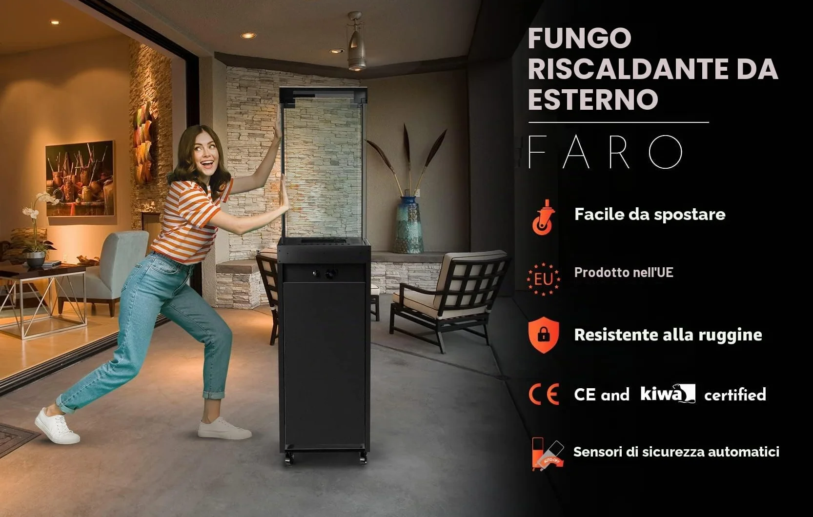 Planika Faro Patio Gas Riscaldatore nero portatile autonomo a propano per giardino terrazza