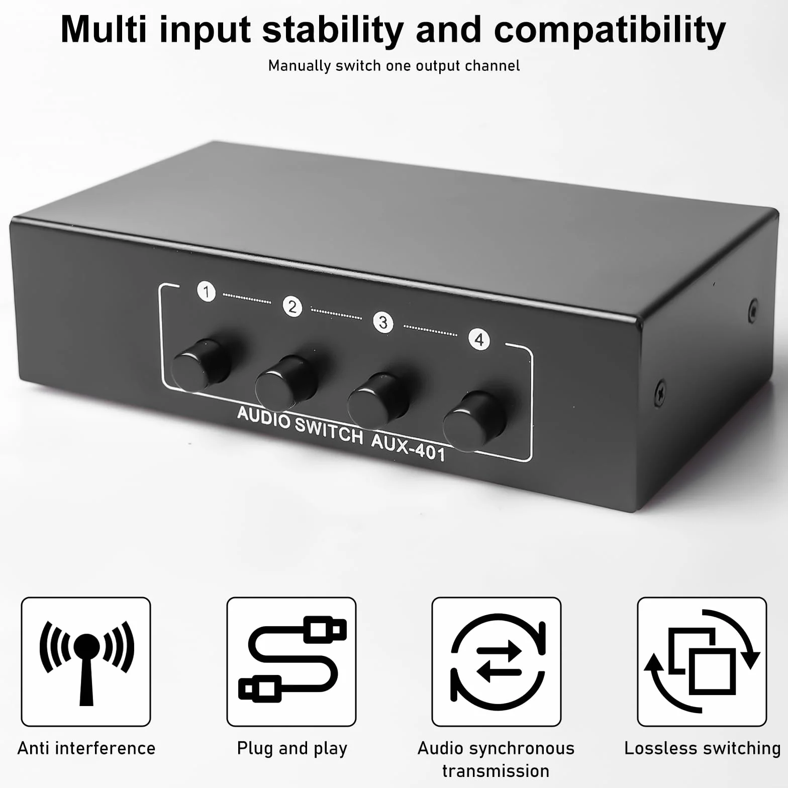 Aux Audio Switcher 4 in 1 Out Audio Video Splitter Stereo Audio Selector 3,5 Mm Aux + RCA L/R