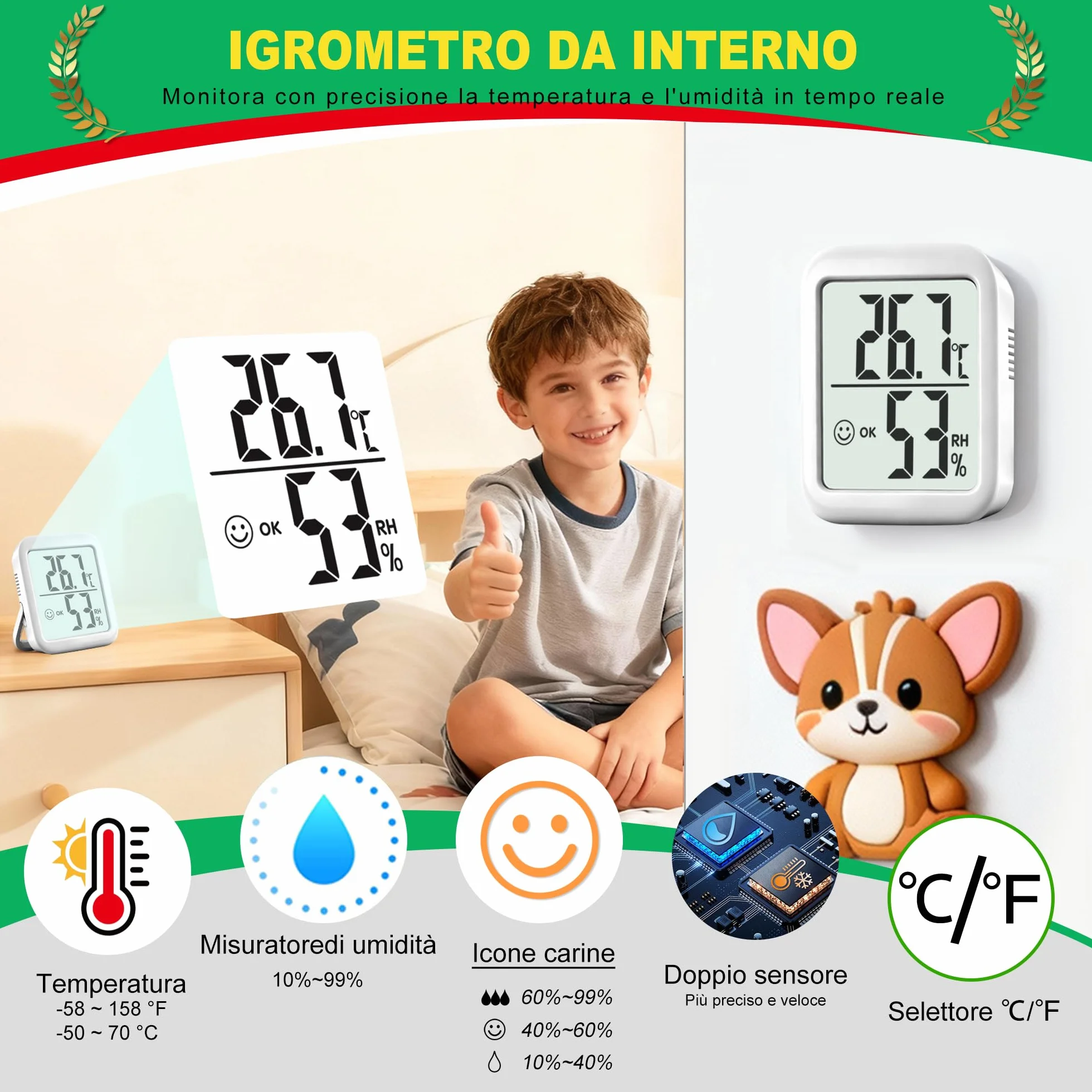 Termometro Ambiente Interno Igrometro Digitale 2 pezzi Monitor Temperatura Umidità per Casa Terrario Incubatrice Serra