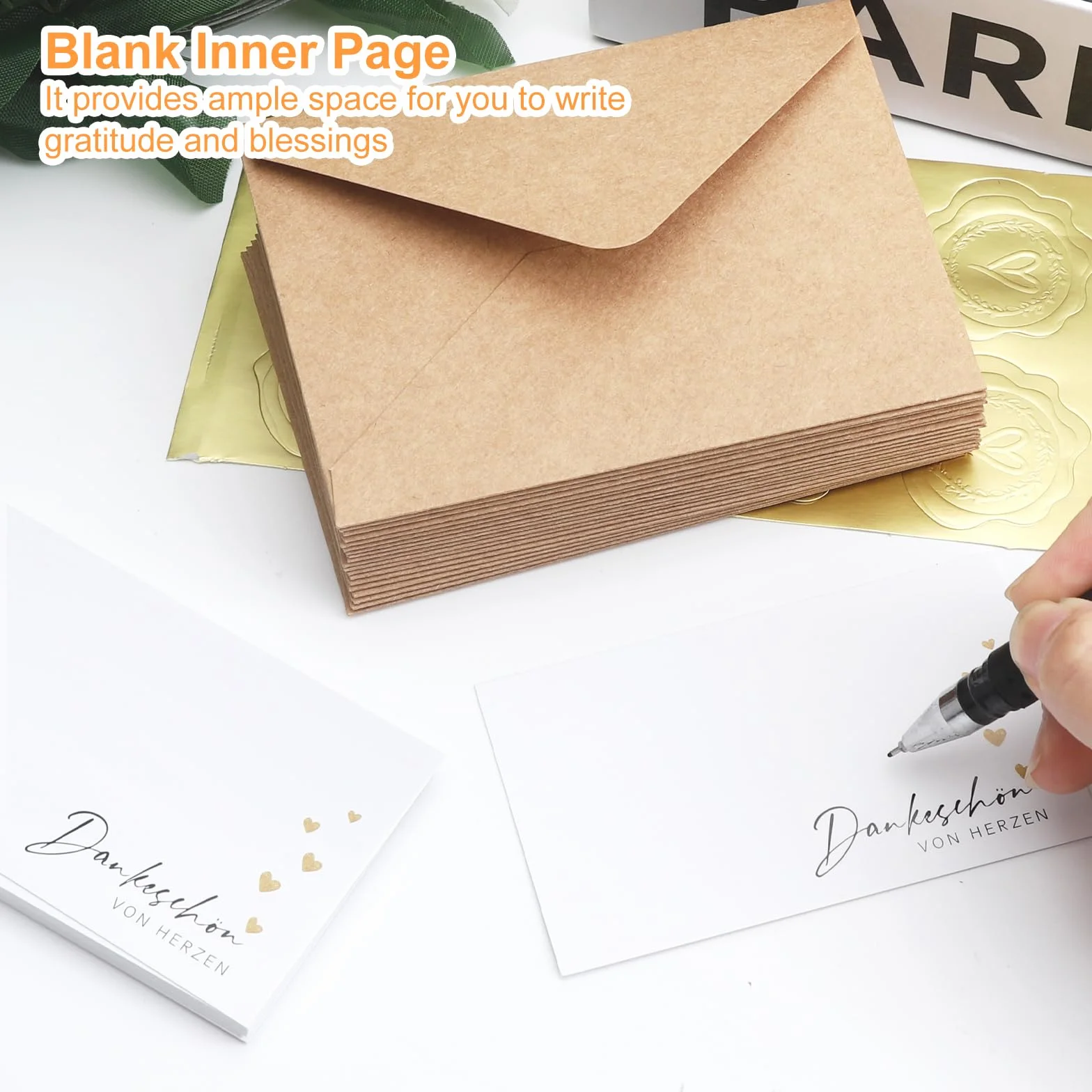 VOSSOT 20 biglietti di ringraziamento 9x5,4 cm con buste in carta kraft e sigillo dorato