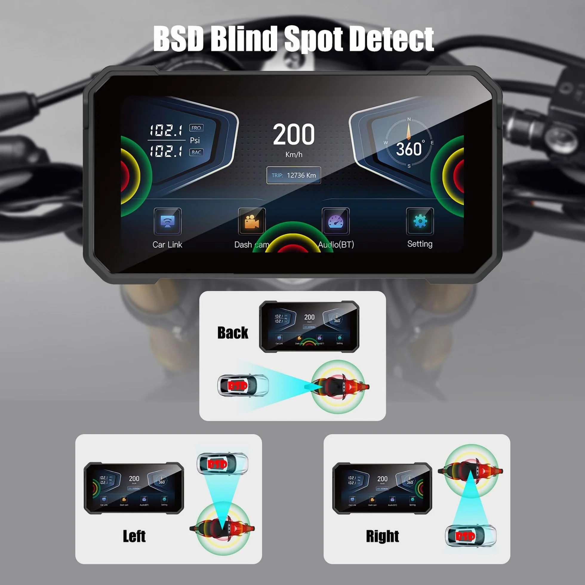 Navigatore GPS Moto 6,2 Pollici Doppia Fotocamera CarPlay Wireless Android Auto Impermeabile IPX6 TPMS BT5.0