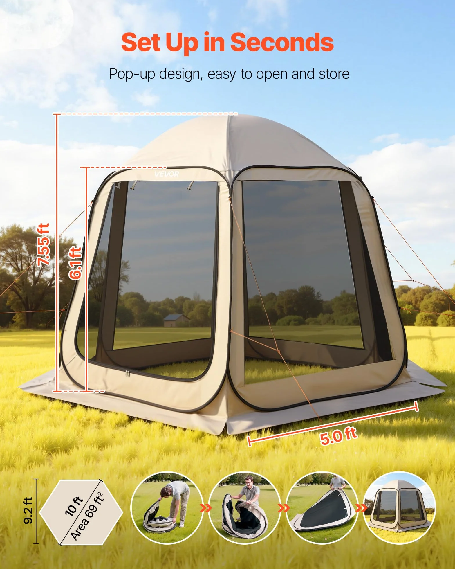 VEVOR Tenda da campeggio con zanzariera, 10 x 9 piedi, tenda pieghevole per 4-8 persone, tenda da campeggio con borsa per il trasporto, lati in rete, picchetti da terra per giardino, cortile