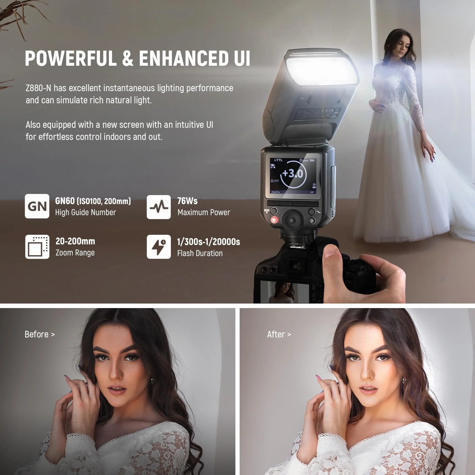 NEEWER Z880-N Flash Speedlite i-TTL 2,4G 76Ws Compatibile Nikon HSS 1/8000s 7,2V 3000mAh 600 Flash