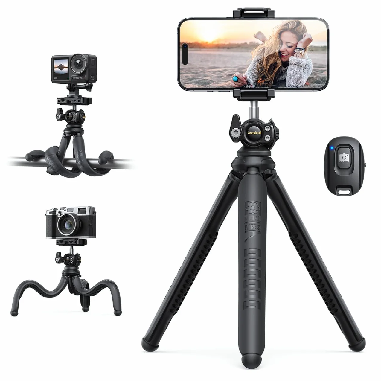 Lamicall Mini Treppiede Smartphone Flessibile 3 in 1 con Telecomando Senza Fili 360° Rotazione Vite 1/4 per iPhone Android Fotocamera