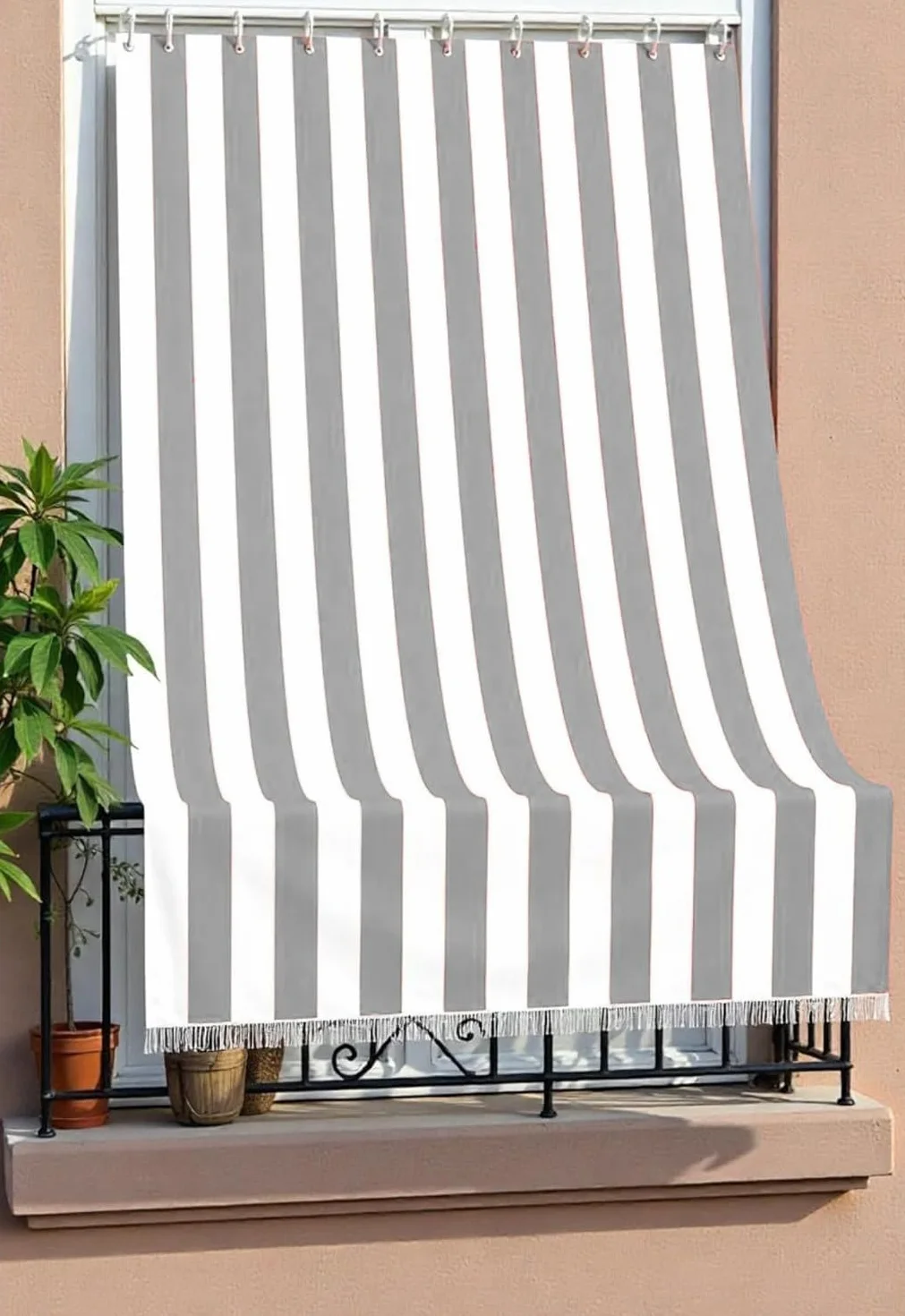 Tenda Da Sole per Esterno con Anelli e Ganci,Tende da Sole per Balconi Terrazzo con Frange, Resistente e Lavabile, Righe (Grigio, 280x300)