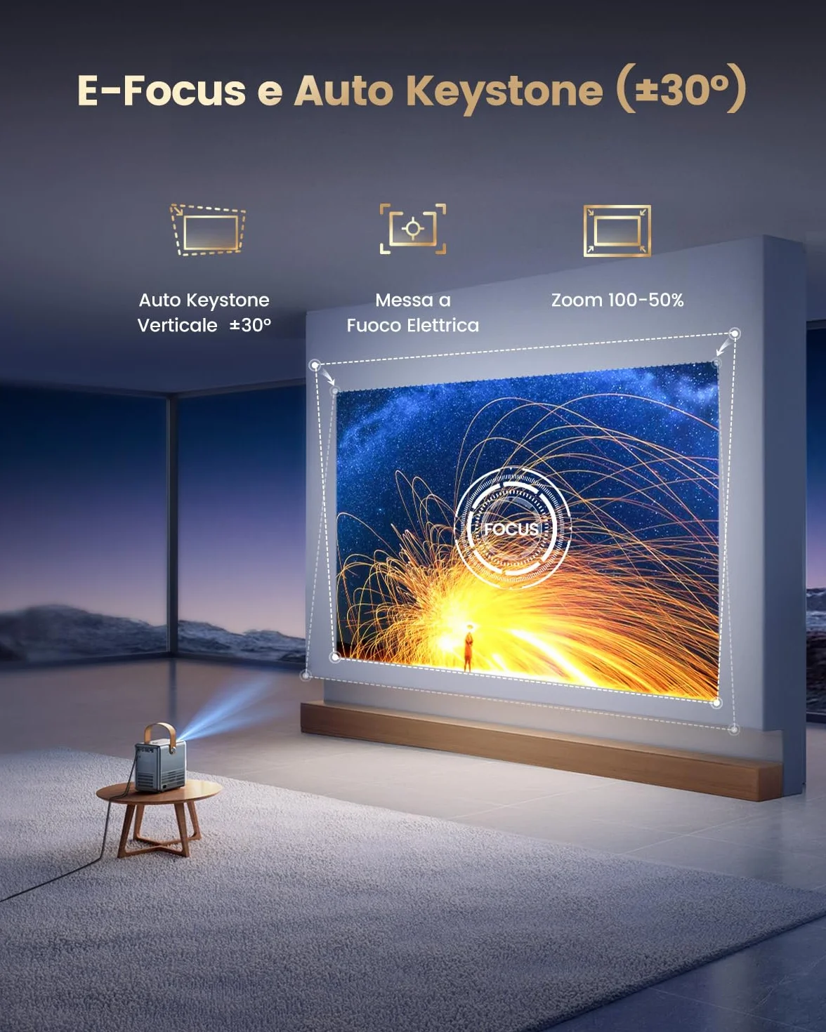 Proiettore Portatile 4K 800ANSI Smart con Netflix e Dolby, WiFi Bluetooth, 1080P Nativo Full HD, Auto Keystone, E-Focus, Zoom 100%-50%, HDMI ARC/CEC per Home Cinema