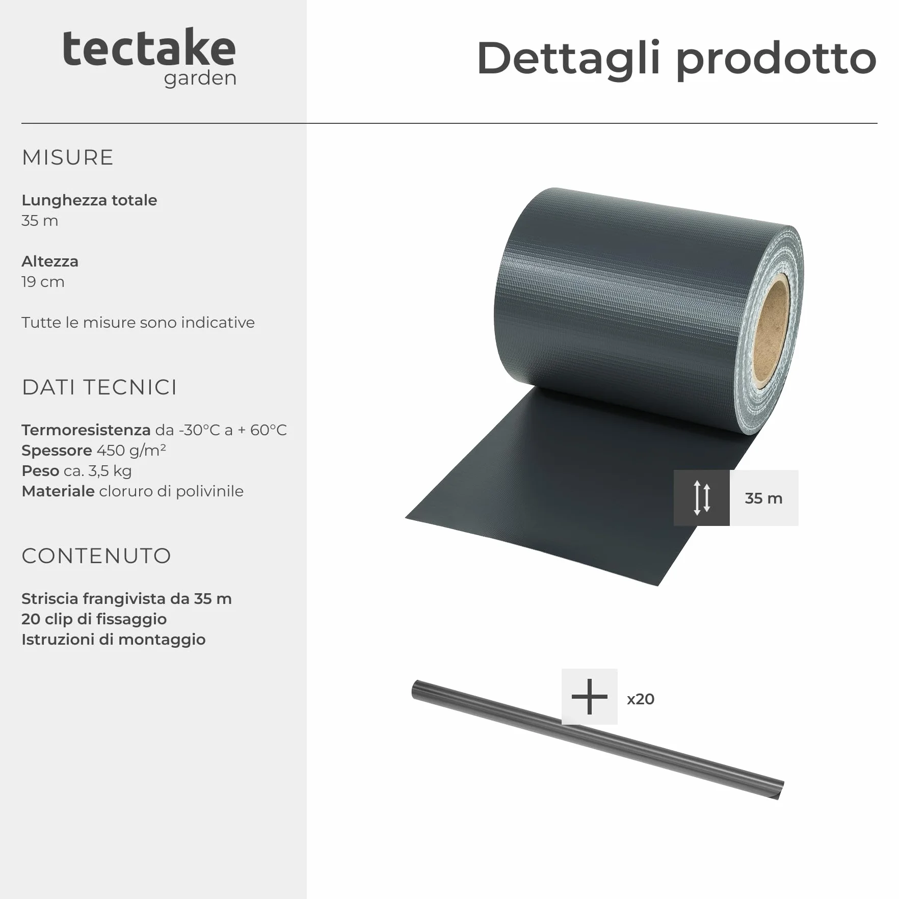 tectake® Rotolo Recinzione PVC 19 cm, Clip Montaggio, Resistente UV, Facile Installazione, Protezione Intemperie, Antistrappo, Frangivista Balcone, Paravento da Esterno - 35 m, Antracite
