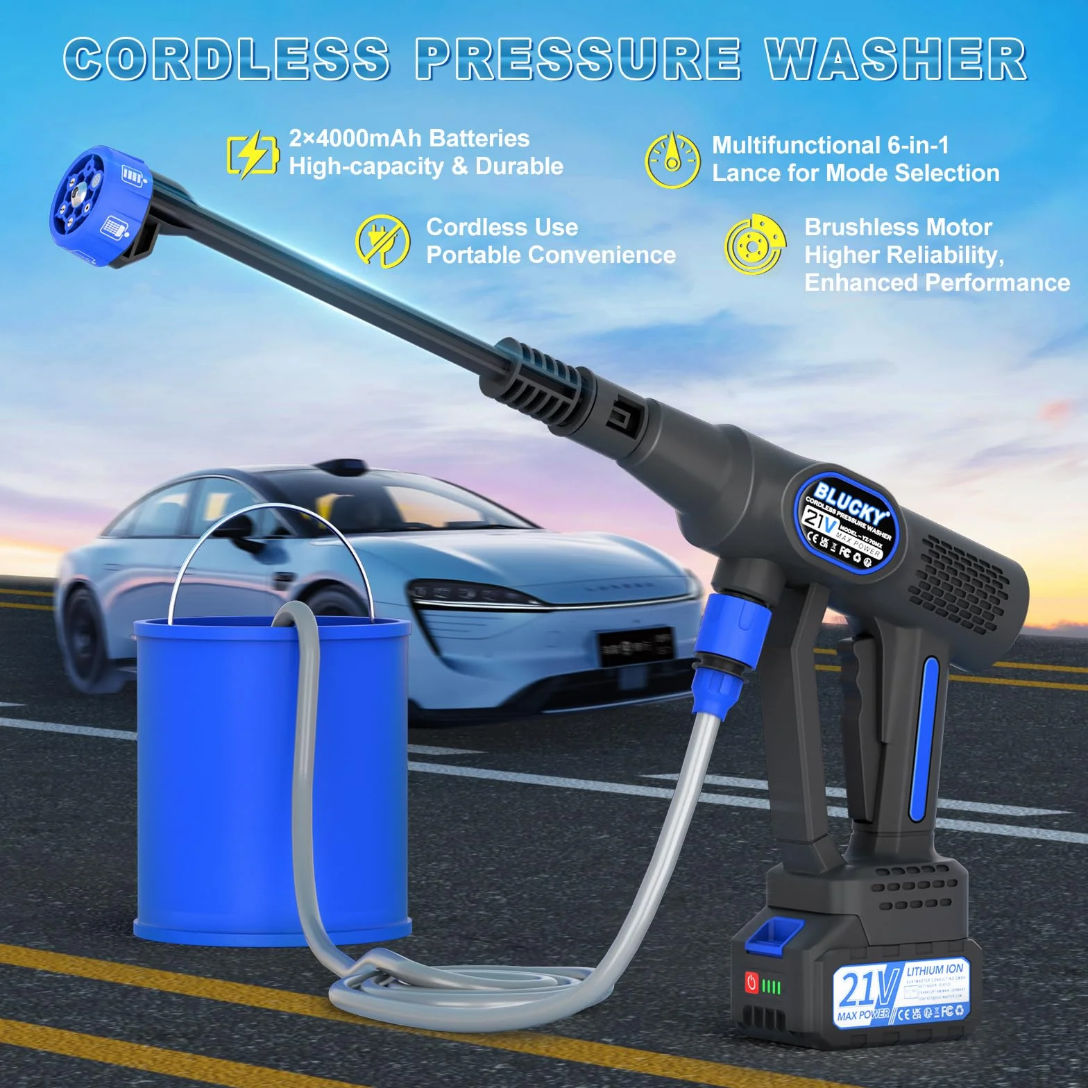 Idropulitrice Portatile a Batteria con Collegamento a Rubinetto Diretto, Ugello 6 in 1 e Controllo Pressione Regolabile per Giardino, Auto e Pulizie Esterne