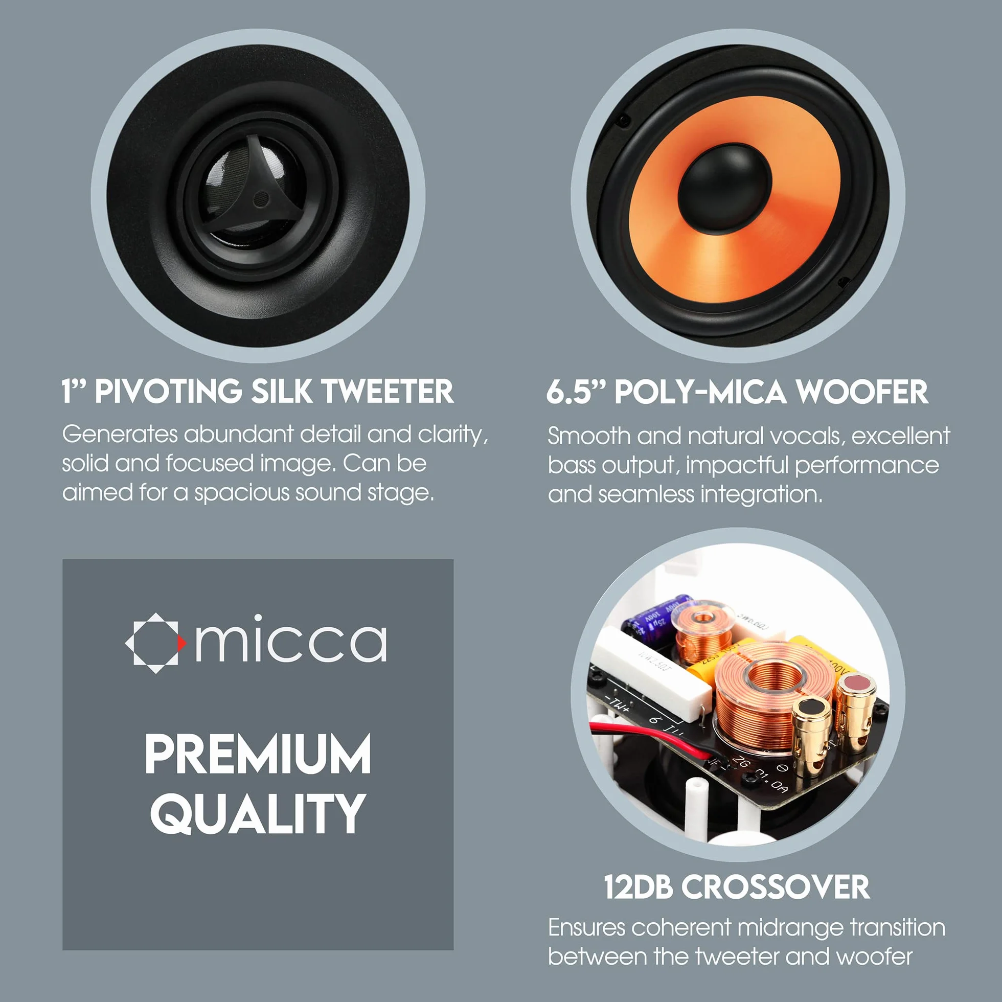 Micca M-6S Altoparlante da parete a 2 vie 6,5 pollici tweeter a cupola in seta girevole 2,5 cm bianco