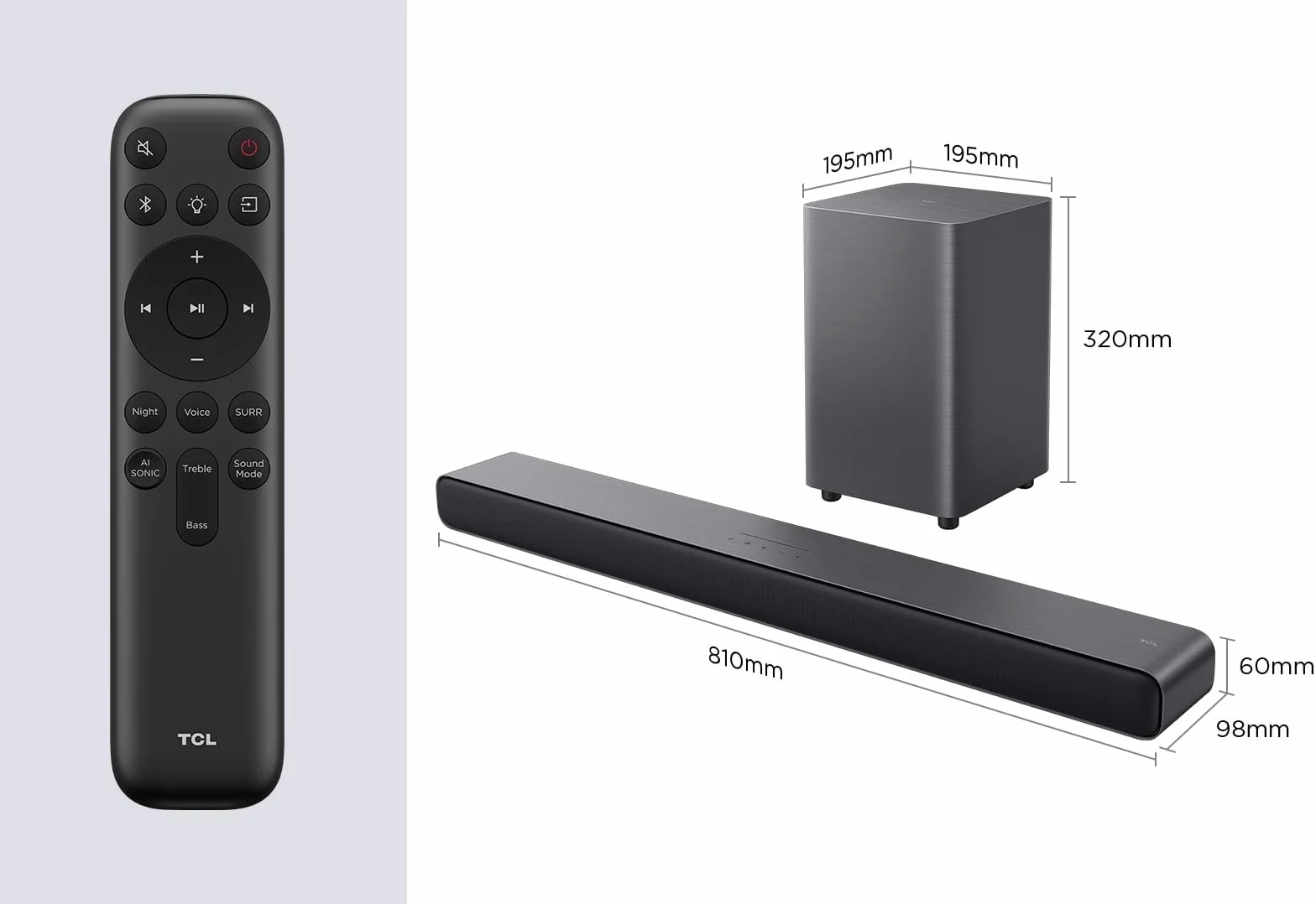 TCL S55HE Soundbar 2.1 220W Dolby Atmos DTS Virtual:X wireless subwoofer Bluetooth 5.3 HDMI eARC