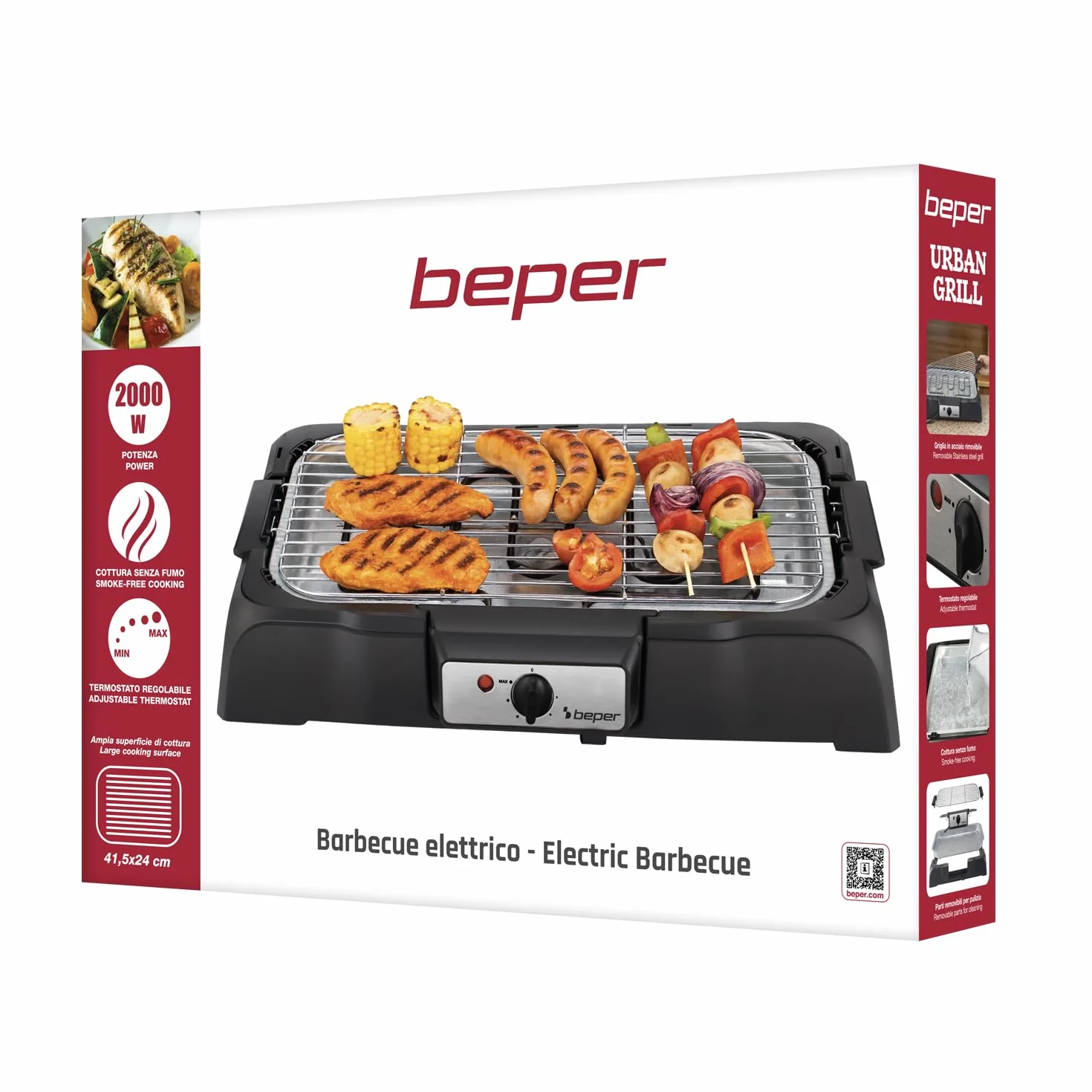 BEPER P101BBQ001 Barbecue Elettrico 2000W Griglia XXL 41,5x24 cm Cottura Senza Fumo