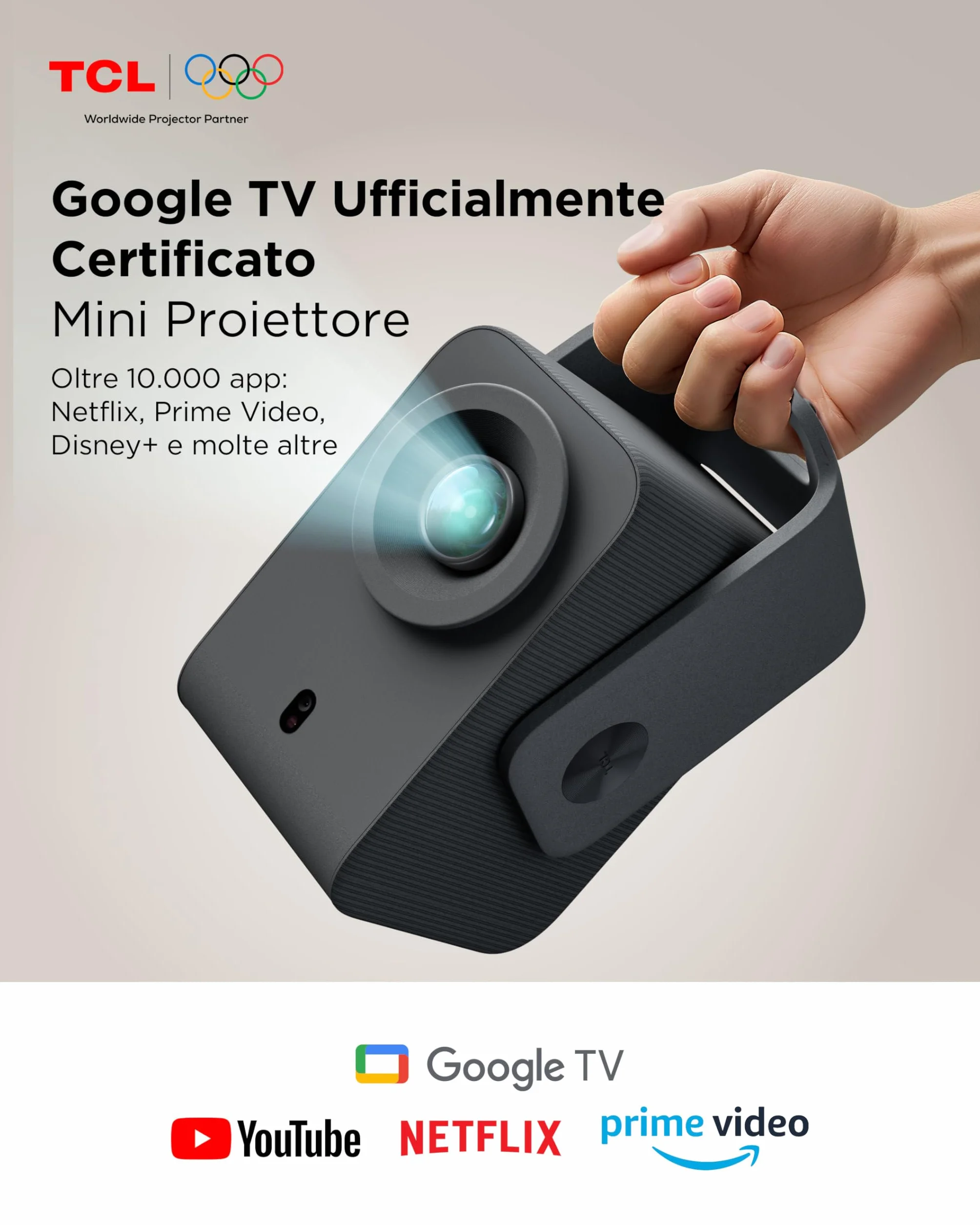 TCL C1 Mini Proiettore Portatile 4K Nativa 1080P Google TV Netflix Compatibile, Messa a Fuoco Automatica 6D Correzione Trapezoidale, Wi-Fi Bluetooth, 8W Dolby Audio, Rotabile 285°