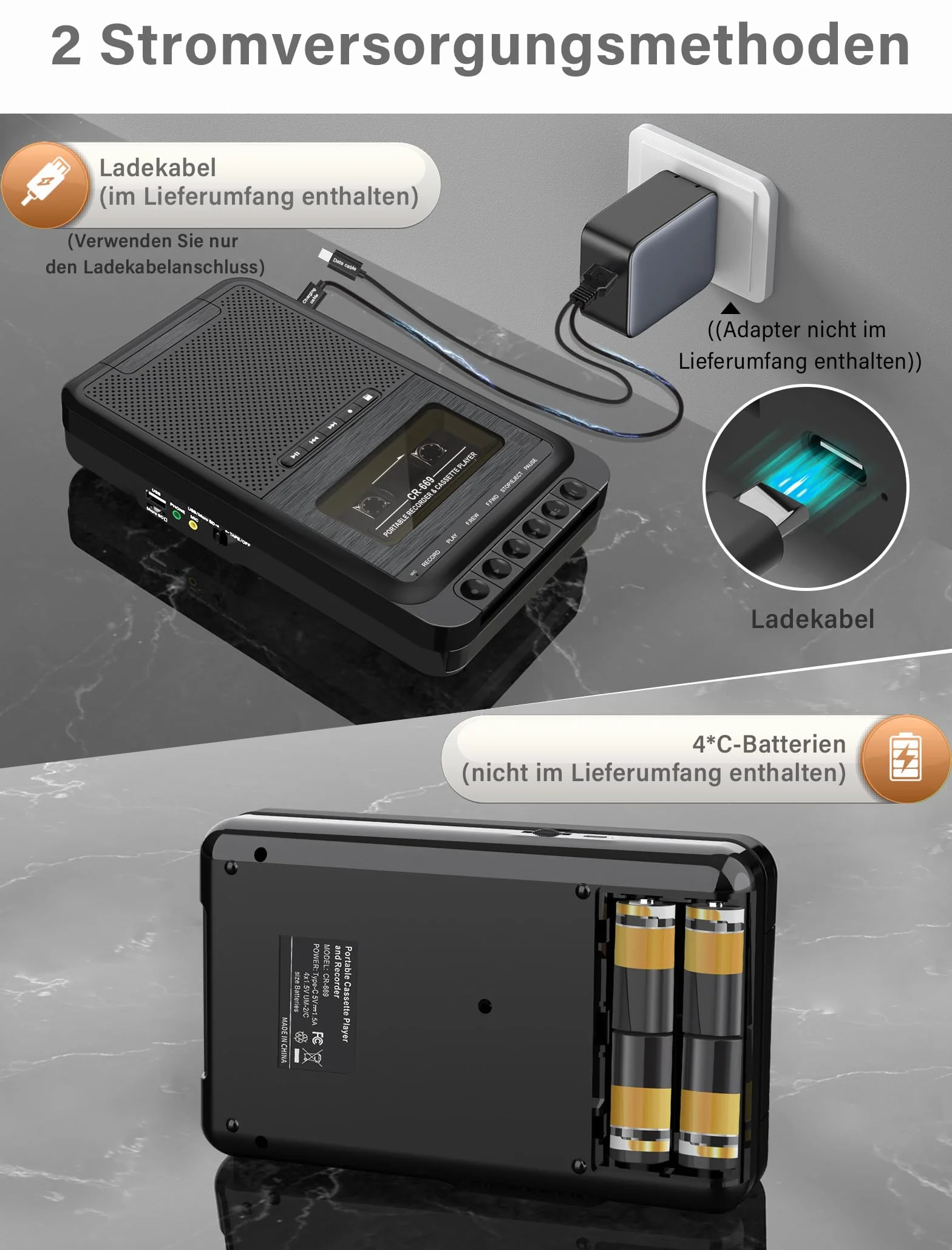 Lettore a cassette portatile con registrazione USB/SD e MP3, nero