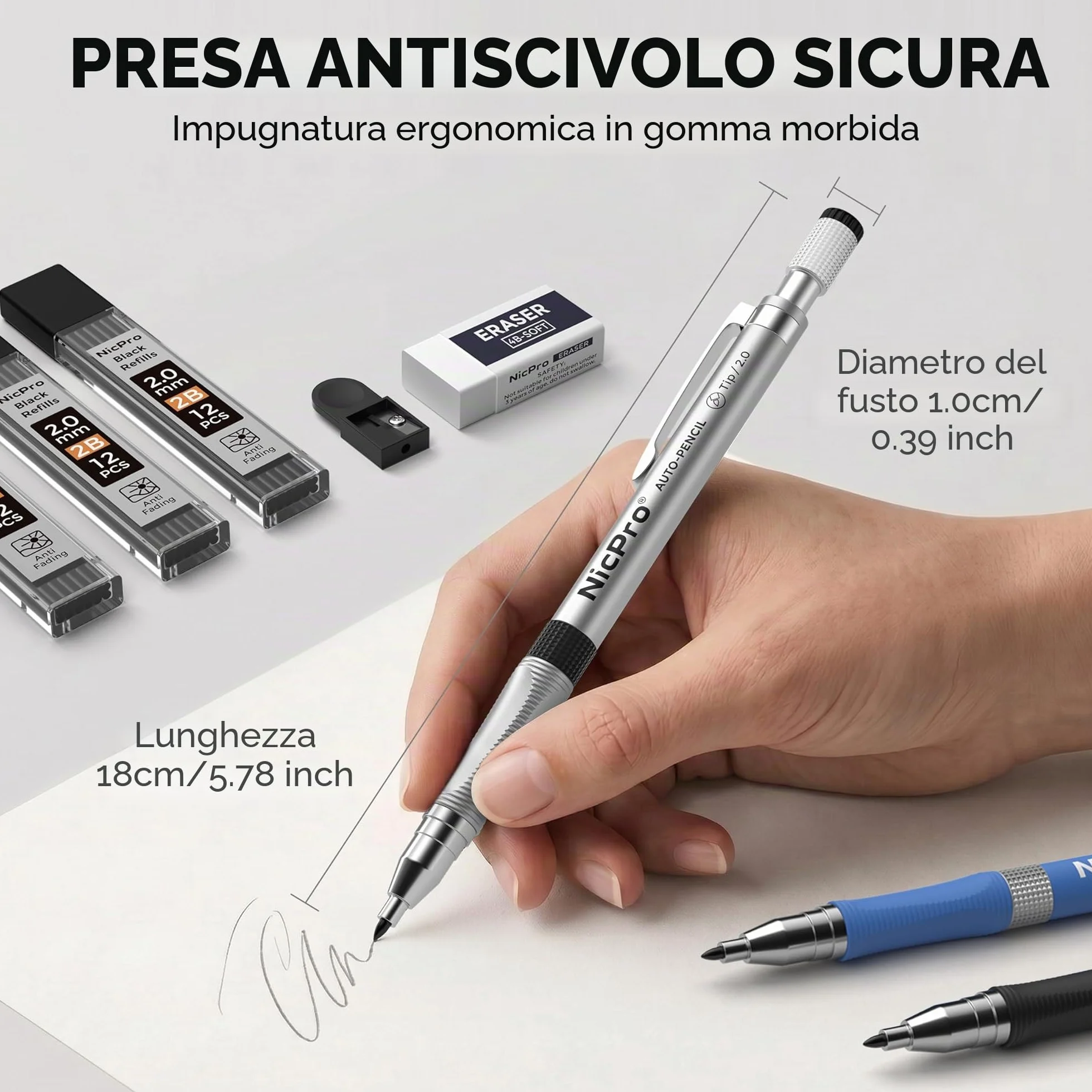 Nicpro 6 Pezzi 2mm Matite Meccaniche Set con 16 Tubo Mine HB & 2B, Gomma, Temperamatite per Artista, Disegno