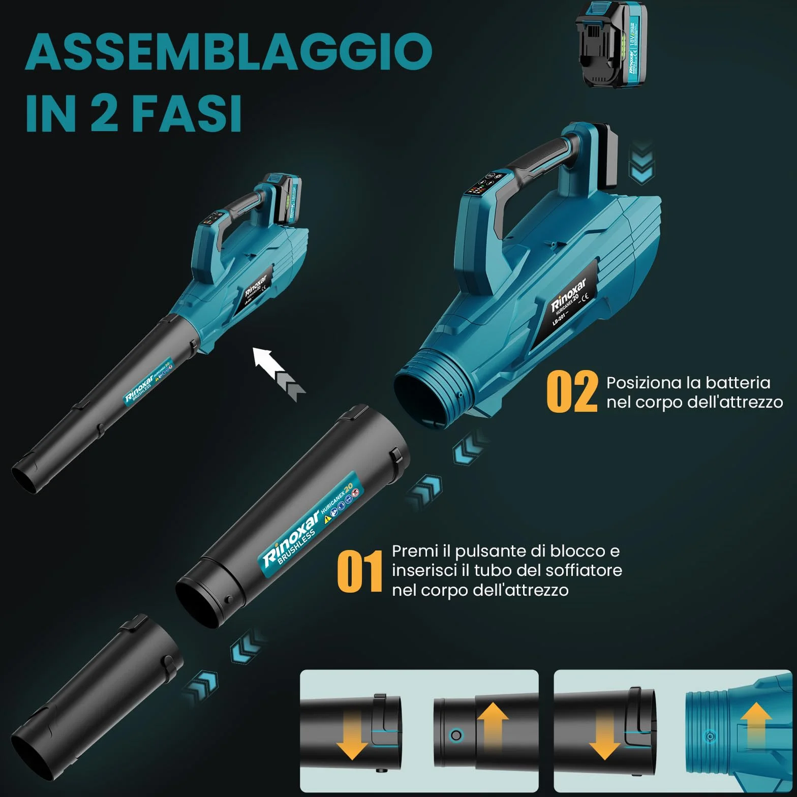 Soffiatore a Batteria, 5 Velocità Soffiatore Elettrico Senza Filo con Motore Brushless, 2 batterie da 5.2Ah/18V, 35.000 RPM, Velocità Aria 180 km/h, Portata Aria 800 m³/h, 2 Ugelli Intercambiabili