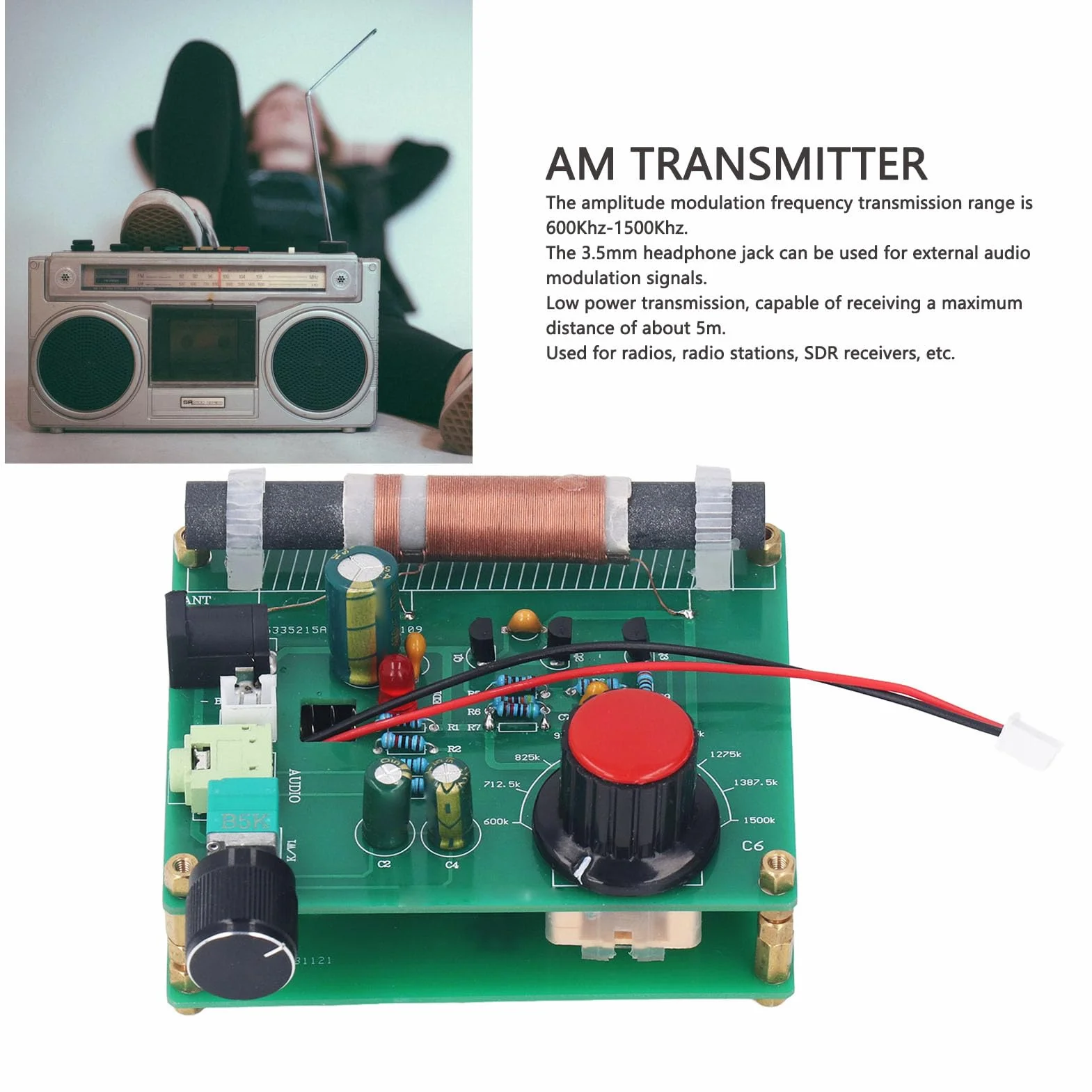 Kit Trasmettitore AM 20-500 MW Antenna 2-5 M Regolabile 530-1600kHz 3,5mm Input Suono