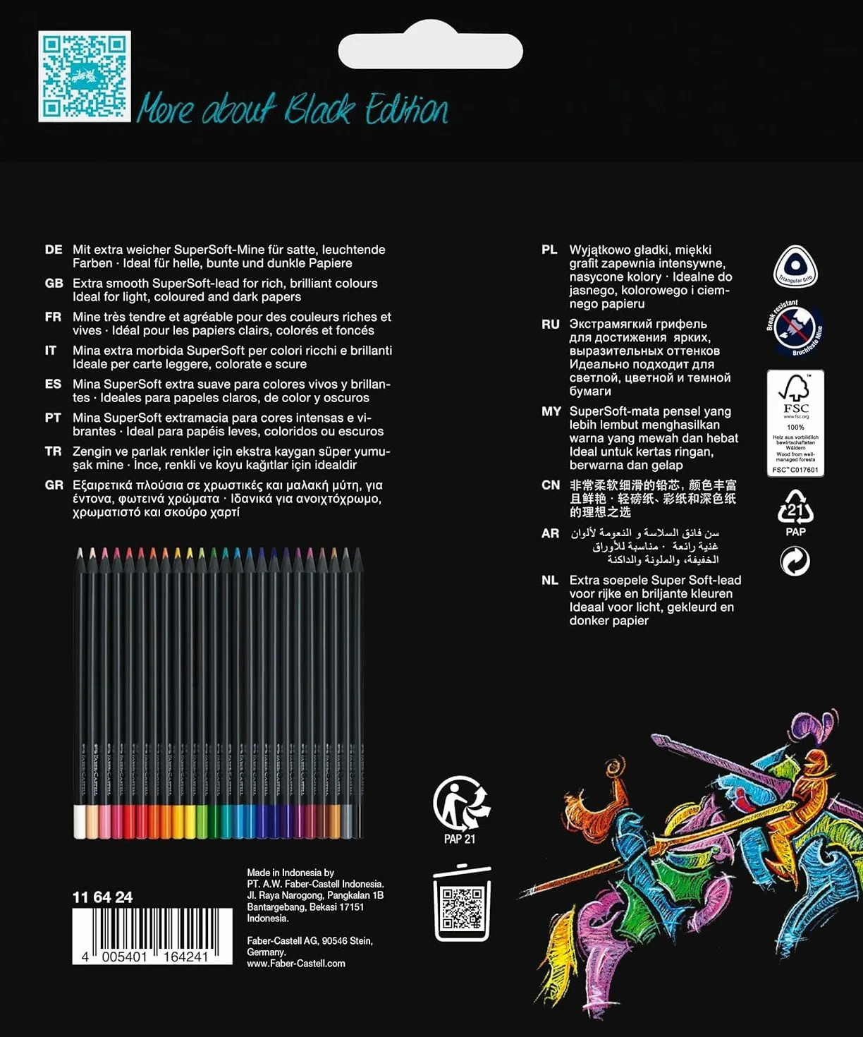 Faber-Castell Black Edition 24 Matite Colorate, Resistenti alla Rottura, Impugnatura Ergonomica, Valigetta per Carta Chiara e Scura