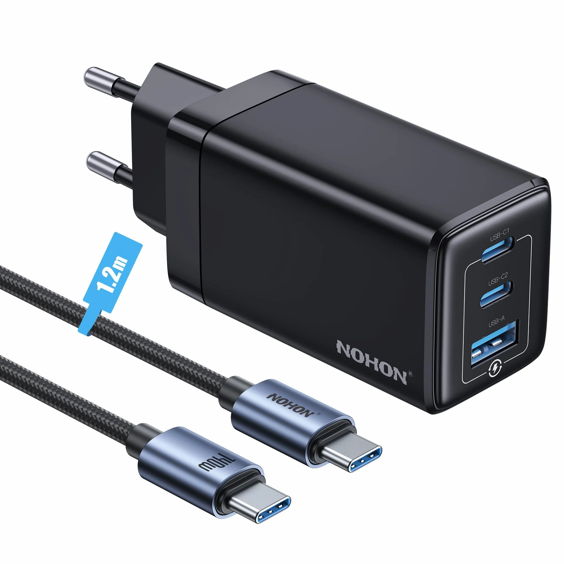 NOHON Caricatore USB-C Rapido 65W GaN PD 3.0 3 Porte Compatibile iPhone 12 13 14 Macbook iPad Samsung Galaxy S