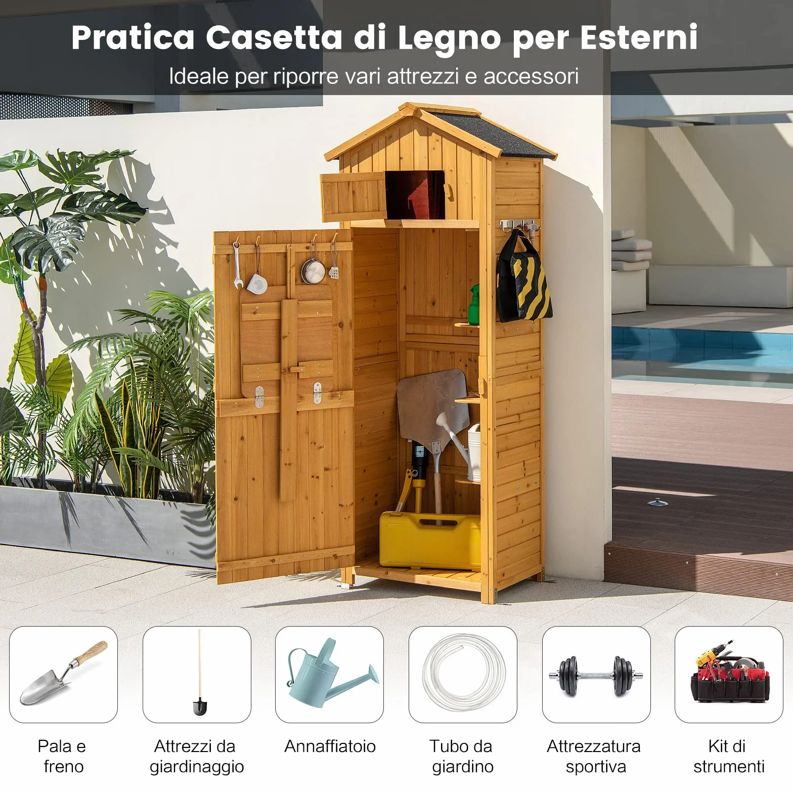 COSTWAY Armadio da Esterno in Legno Capanno da Giardino con Serratura Tavolo Pieghevole Tetto Impermeabile
