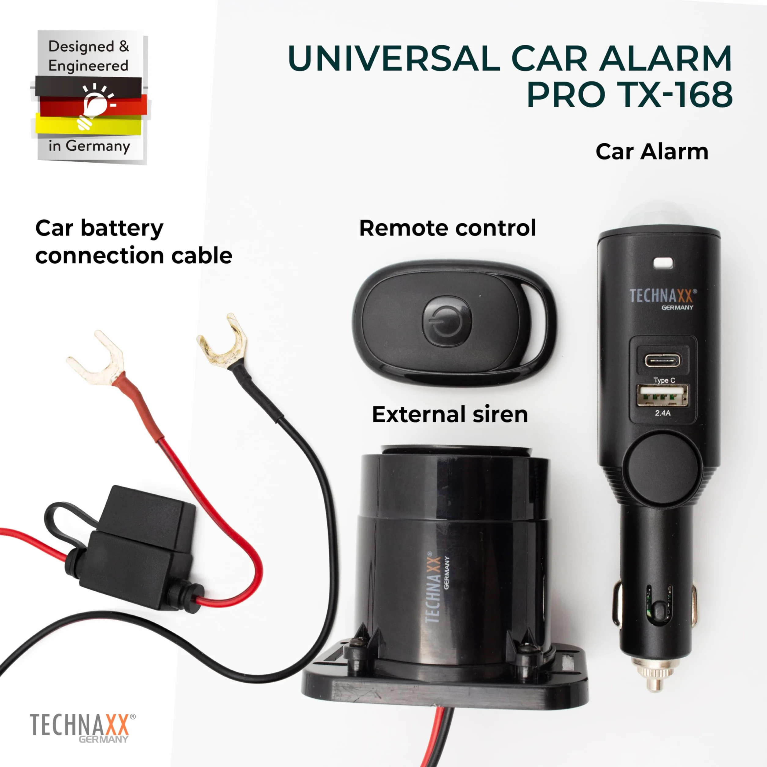 Technaxx Allarme auto con sensore di movimento PIR 105 dB – Sistema di sicurezza veicoli telecomando TX-168
