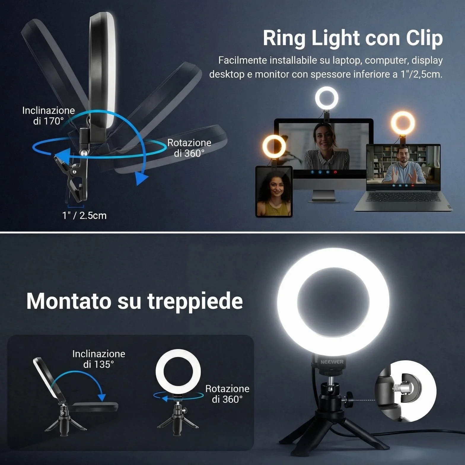 NEEWER BASICS BR60 5" Ring Light Clip-on Lamp 10W 3000K-6000K Dimmerable for Laptop Computer Monitor Video Conference