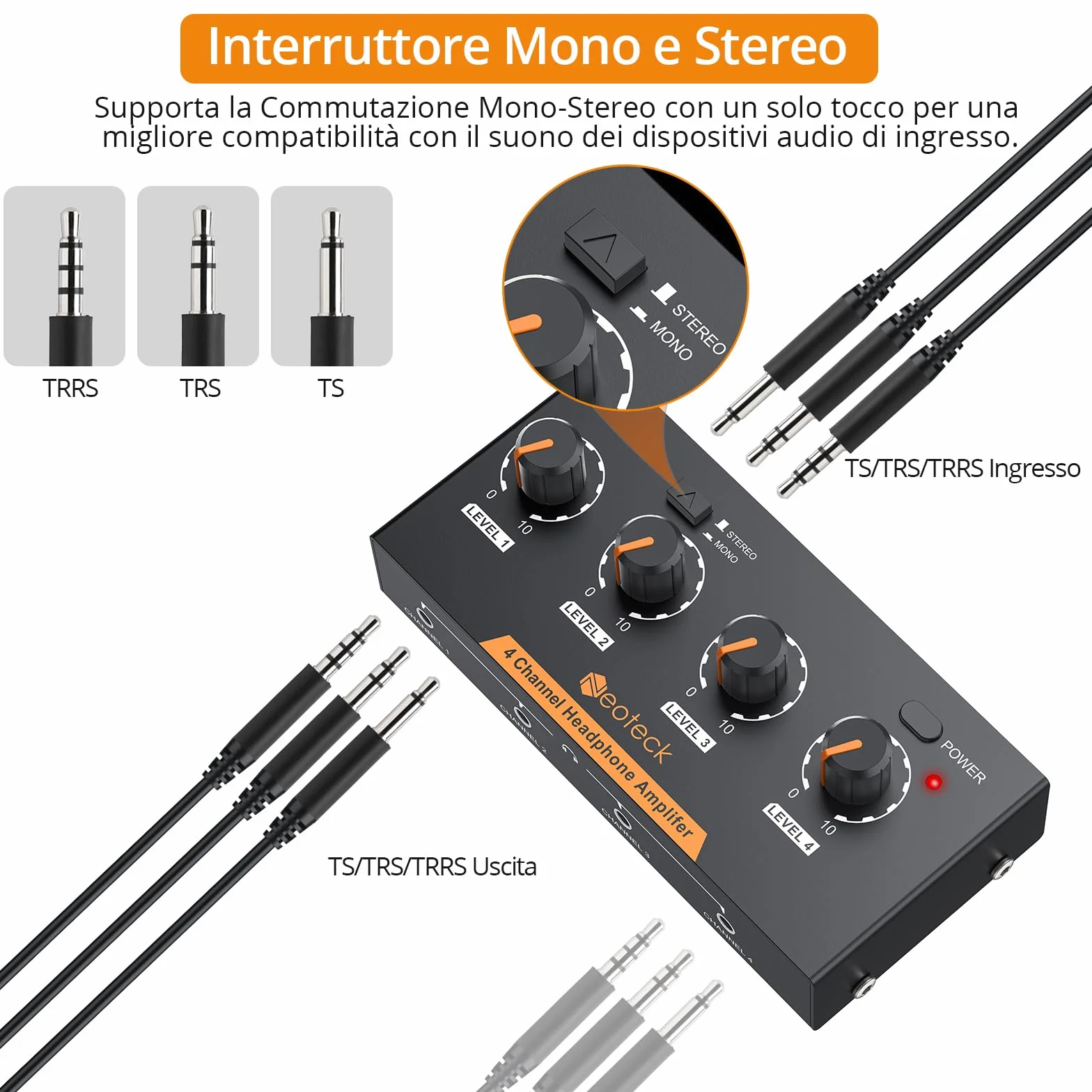 Neoteck Amplificatore per Cuffie 4 Canali Stereo Audio Mono/Stereo in Metallo con Cavo 3,5 mm