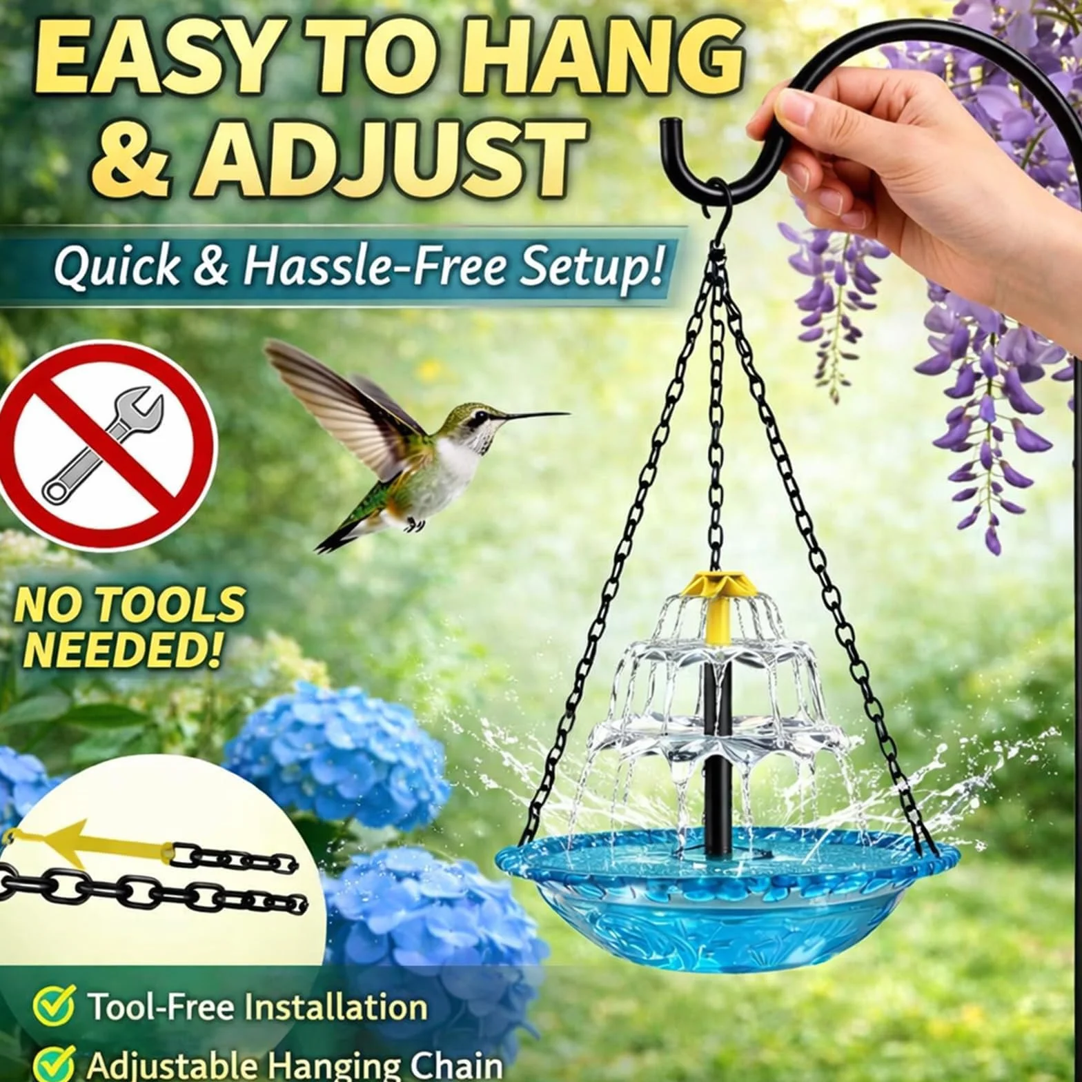 Vaschetta per Uccelli Appendibile con Fontana Solare a Cascata, Vaschetta per Uccelli con Pompa Solare Appendibile, Acqua Appendibile, Attrae Colibrì e Uccelli Selvatici, Decorazione da Giardino