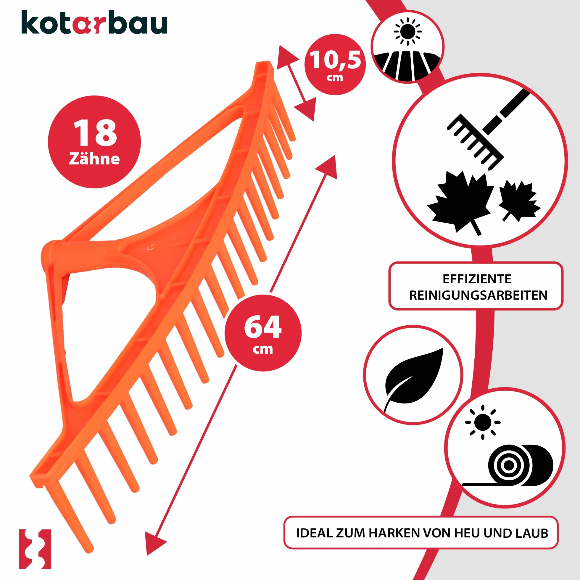 KOTARBAU® Rastrello per Foglie - Rastrello Giardino - Plastica - 64 cm - Arancione - 18 Denti - per Erba Fieno - Senza Manico - Leggero Resistente