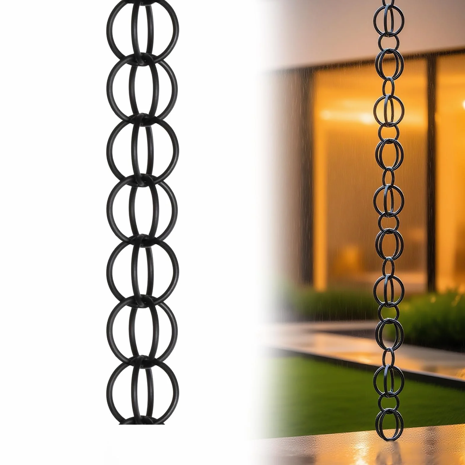 Catena per Esterni Antipioggia in Alluminio Nero 2.6m, Adattatore Grondaia con Funzione Drenaggio e Decorazione