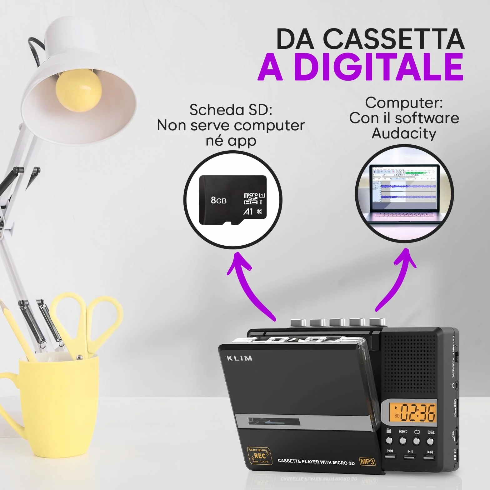 KLIM K10 Lettore Cassette Audio Portatile Registratore MP3 Convertitore Nero