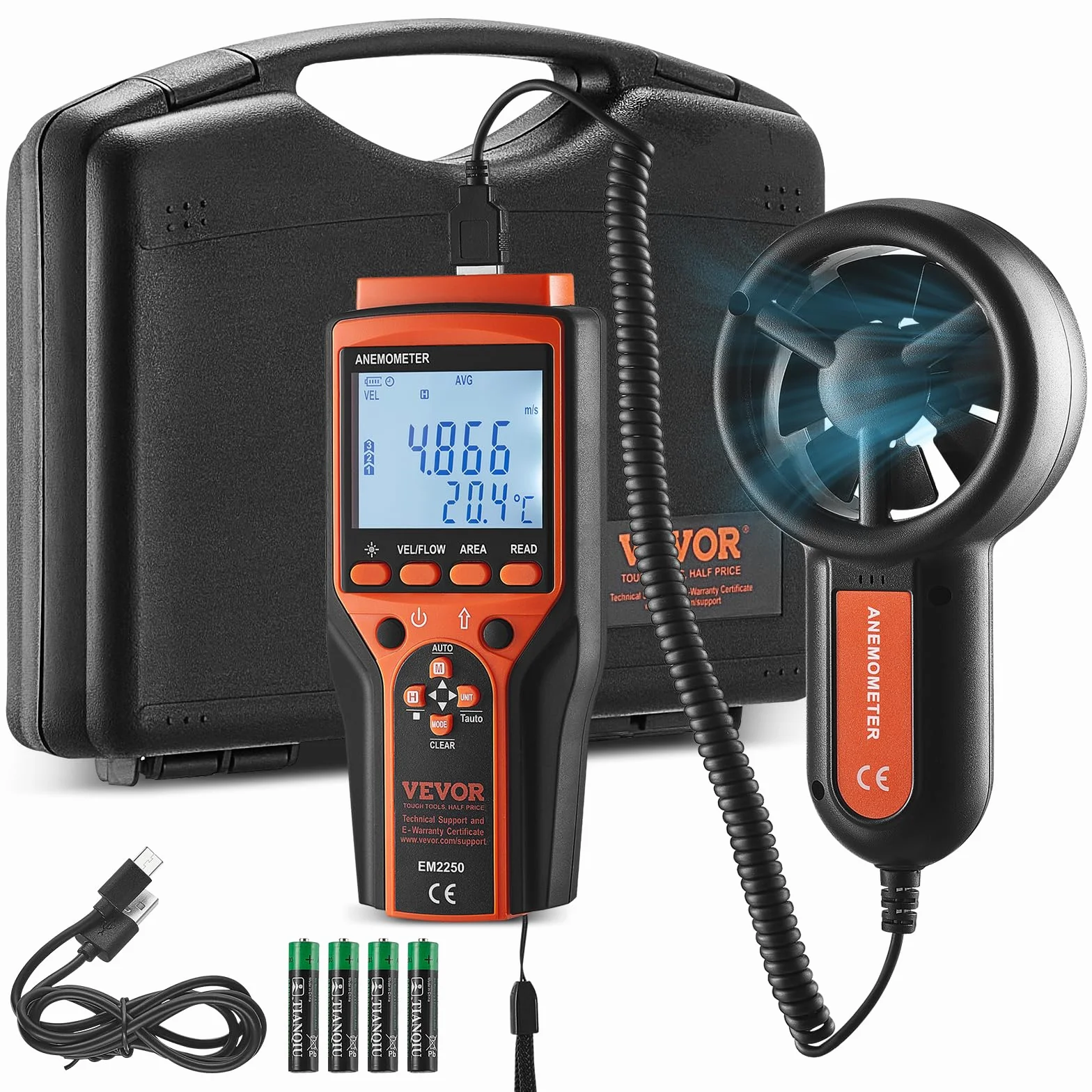 VEVOR Anemometro Portatile da -10-60℃ Misuratore di Velocità del Vento Digitale con Display Retroilluminato LED Portatile