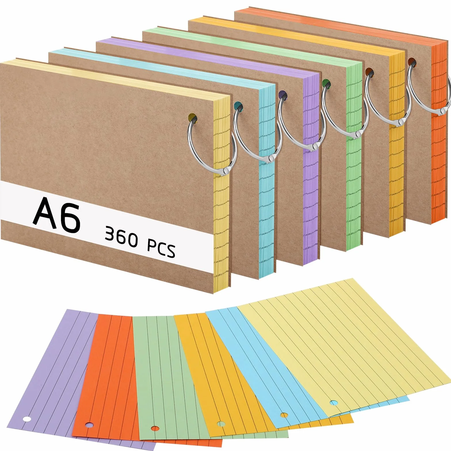 Thboxes 360 Pezzi Flashcards A6 a Righe, 150g/m² Carte Indice 6 Colori con Copertina Kraft e Anello, 14,8 x 10,5 cm per Apprendimento Vocabolario