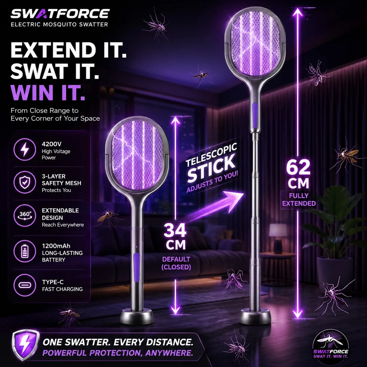 Scacciamosche Telescopico Estensibile 34-62 cm, Racchetta per Mosche e Insetti, Paletta Antizanzare per Interni ed Esterni | SWATFORCE