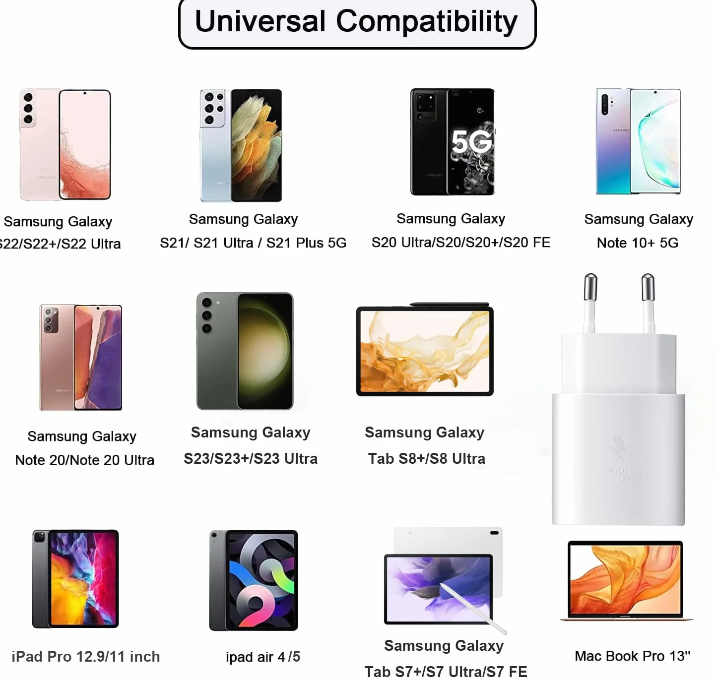 Samsung Galaxy S26 S25 S24 S23 S22 S21 S20 FE A57 A56 A55 A54 A53 A52 A51 A37 A36 A35 A34 A17 A16 A15 A14 A05s A04s Z Fold 7/6 Z Flip 7/6 Caricatore rapido USB C 25 W