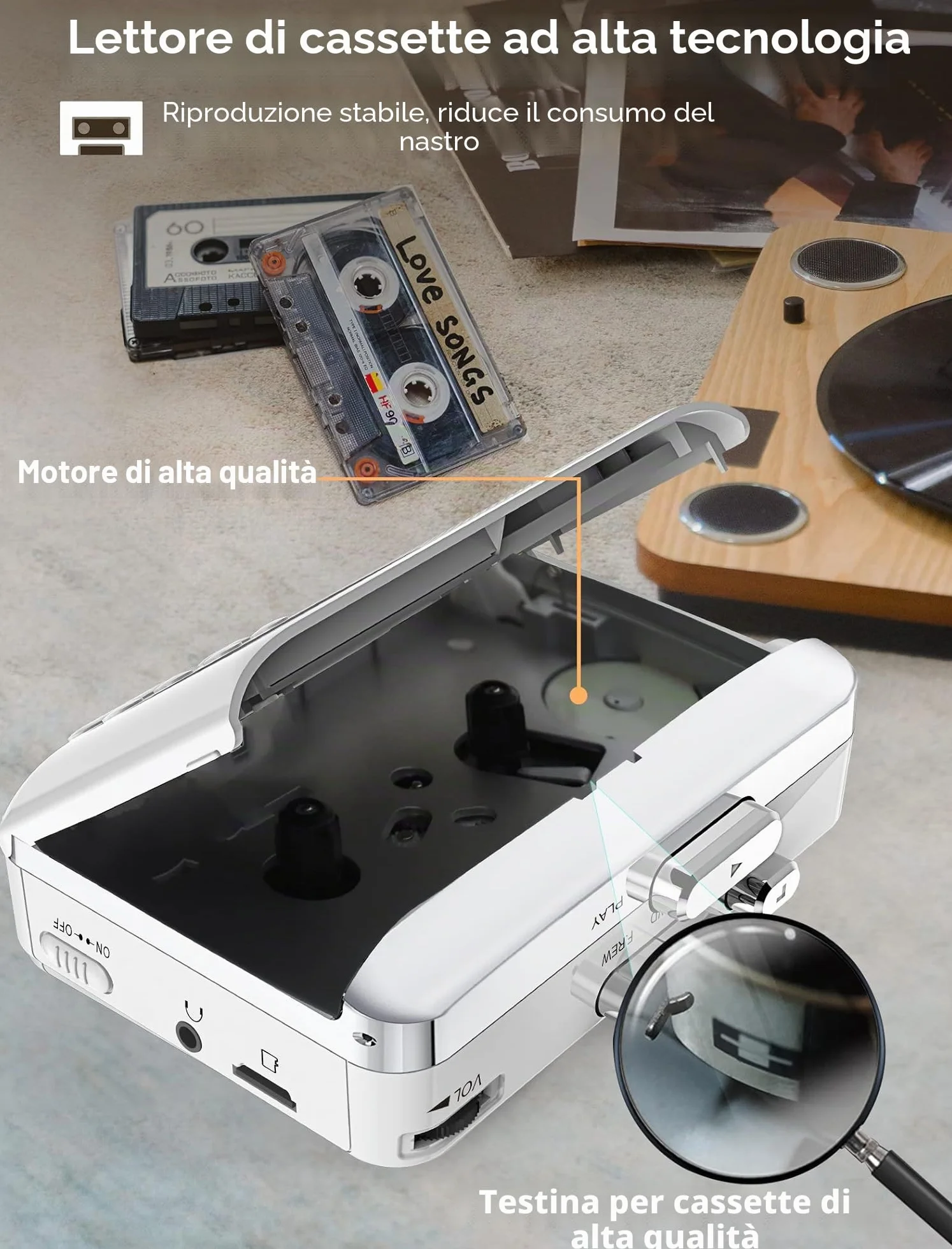 Gracioso Convertitore registratore portatile per cassette a MP3 con scheda SD, batteria ricaricabile 1000mAh, microfono e altoparlante integrati