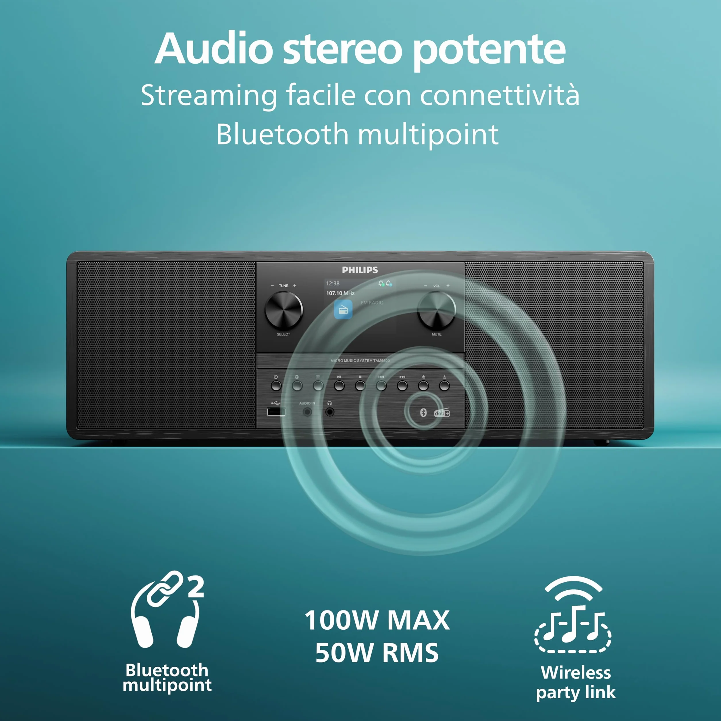 Philips TAM6500/10 Sistema musicale micro 100 Watt Bluetooth 6.0 Auracast Radio DAB+/FM CD USB Ingresso audio Altoparlanti Bass‑Reflex Display a colori Telecomando Plastica riciclata Nero