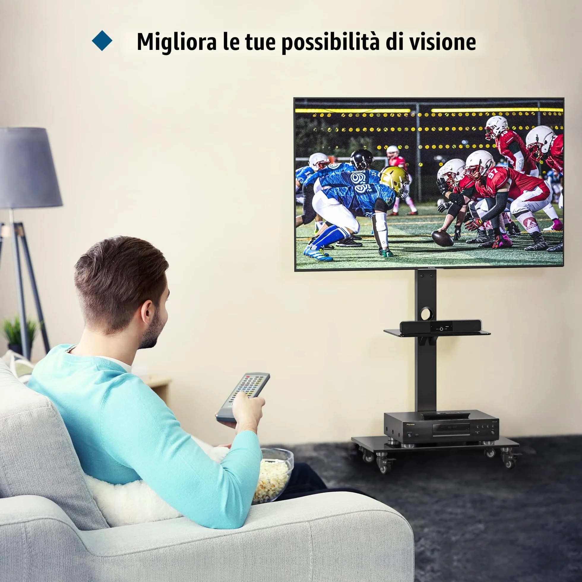 BONTEC Supporto TV da Pavimento 30-70 Pollici, Altezza Regolabile, Ripiani in Vetro Temperato, Carrello TV Portatile con Ruote, 40kg, VESA 600x400mm